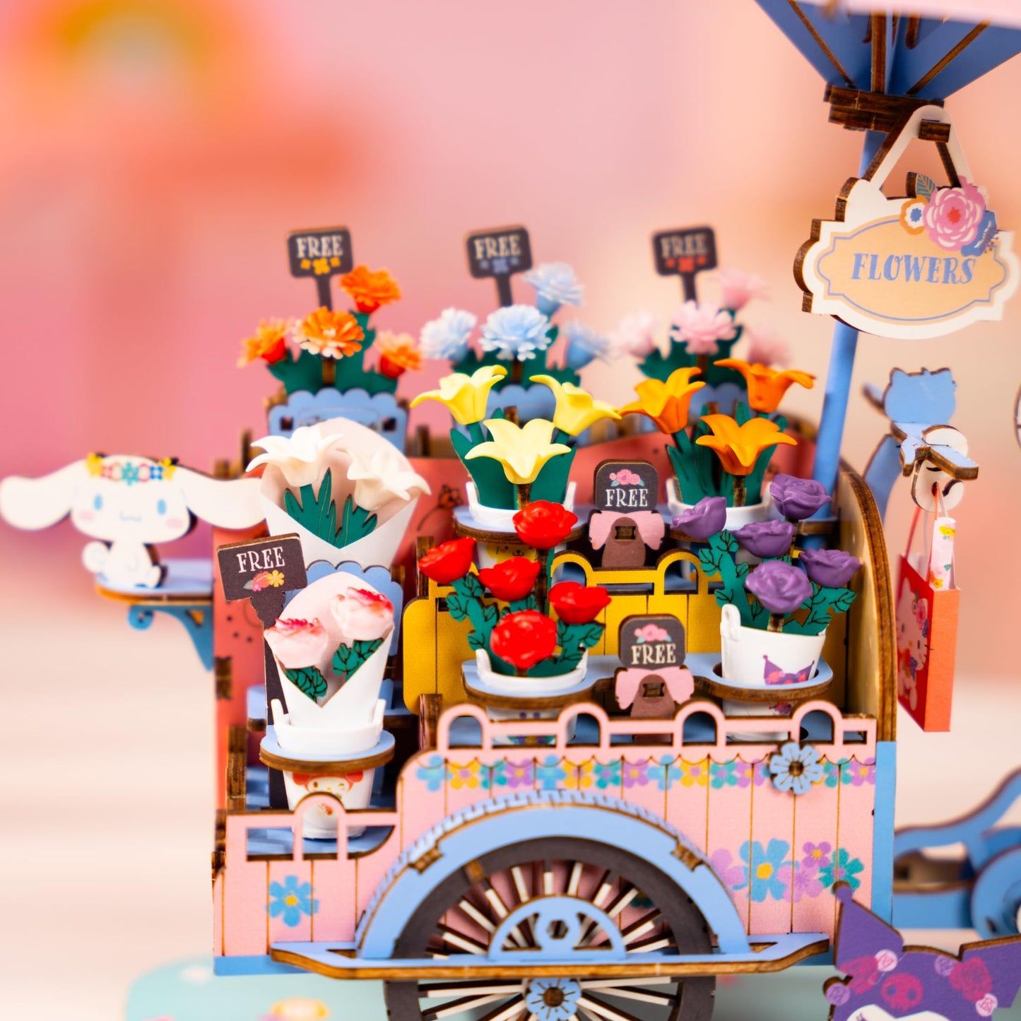Hands Craft Hello Kitty And Friends Flower Cart 3D Wooden Puzzle Kit | DIY Floral Model | Arts & Crafts for Adults & Kids | Creative Hobby Kits | Hello Kitty Characters | Wood Building Set | Nice Gift