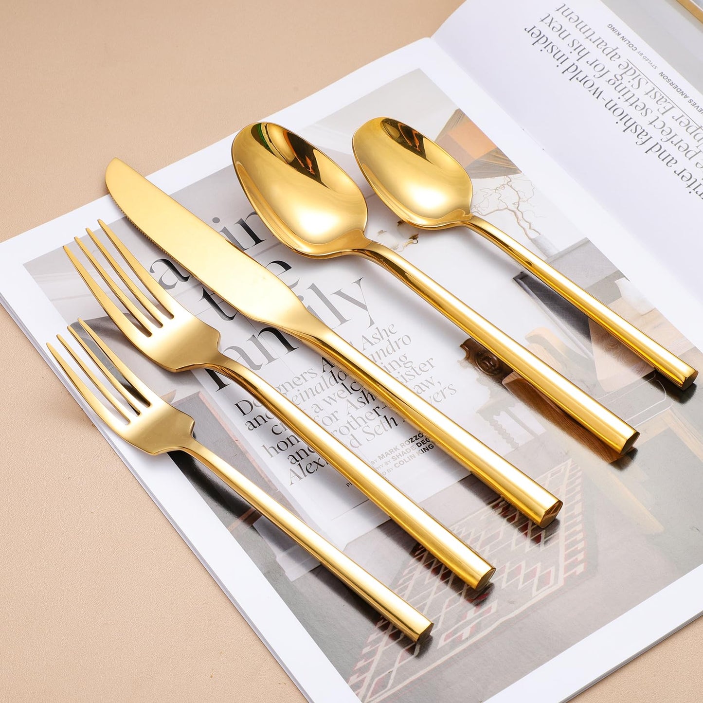 Mirror Silverware Set Gold Flatware Set with Hexagon Handle 20 Pieces 18/0 Stainless Steel Cutlery Set Wedding Housewarming Gift Service for 4 (Mirror gold)