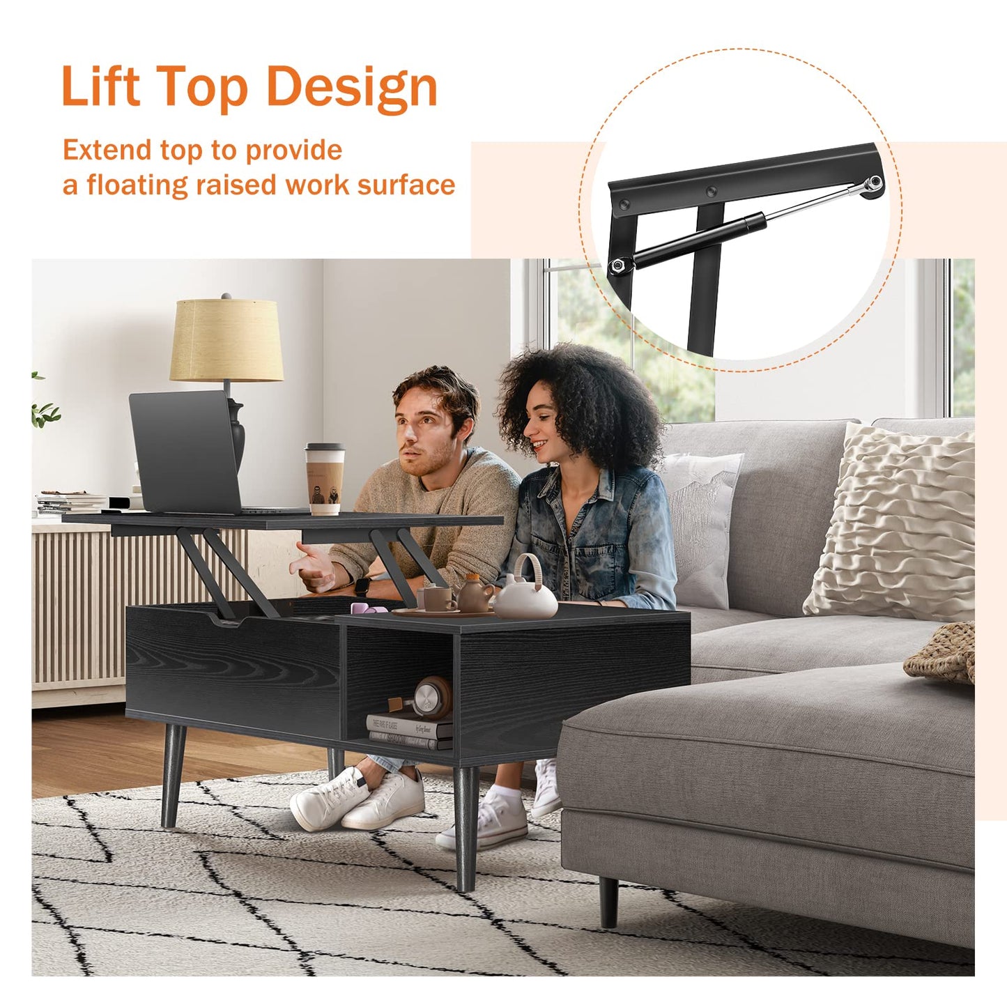 Sweetcrispy Coffee Table Lift Top Coffee Tables for Living Room,Small Rising Wooden Center Tables with Storage Shelf and Hidden Compartment, Black