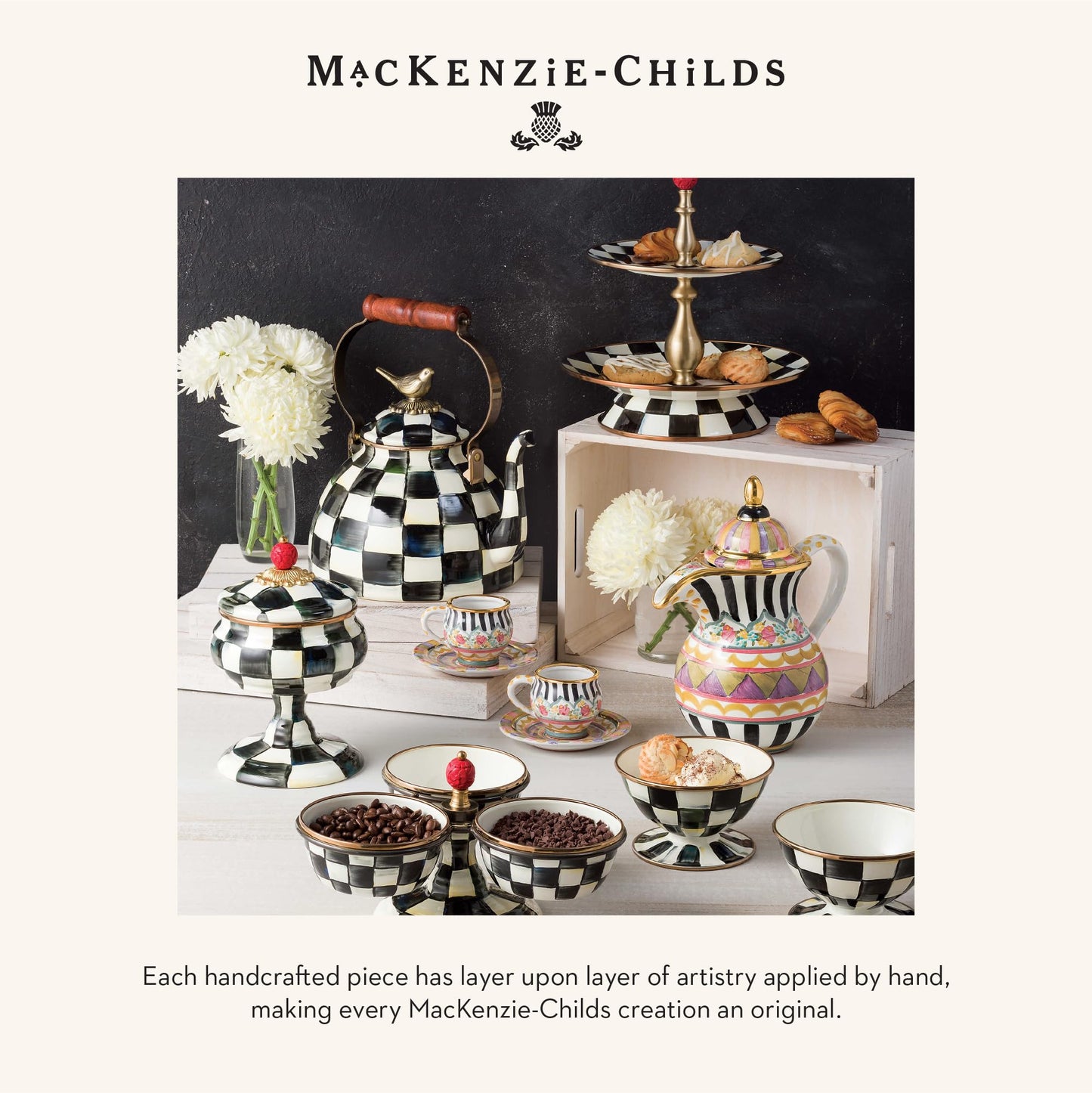 MACKENZIE-CHILDS Teapot Salt and Pepper Shaker Set, Ceramic Salt and Pepper Holders, Black-and-White Courtly Check