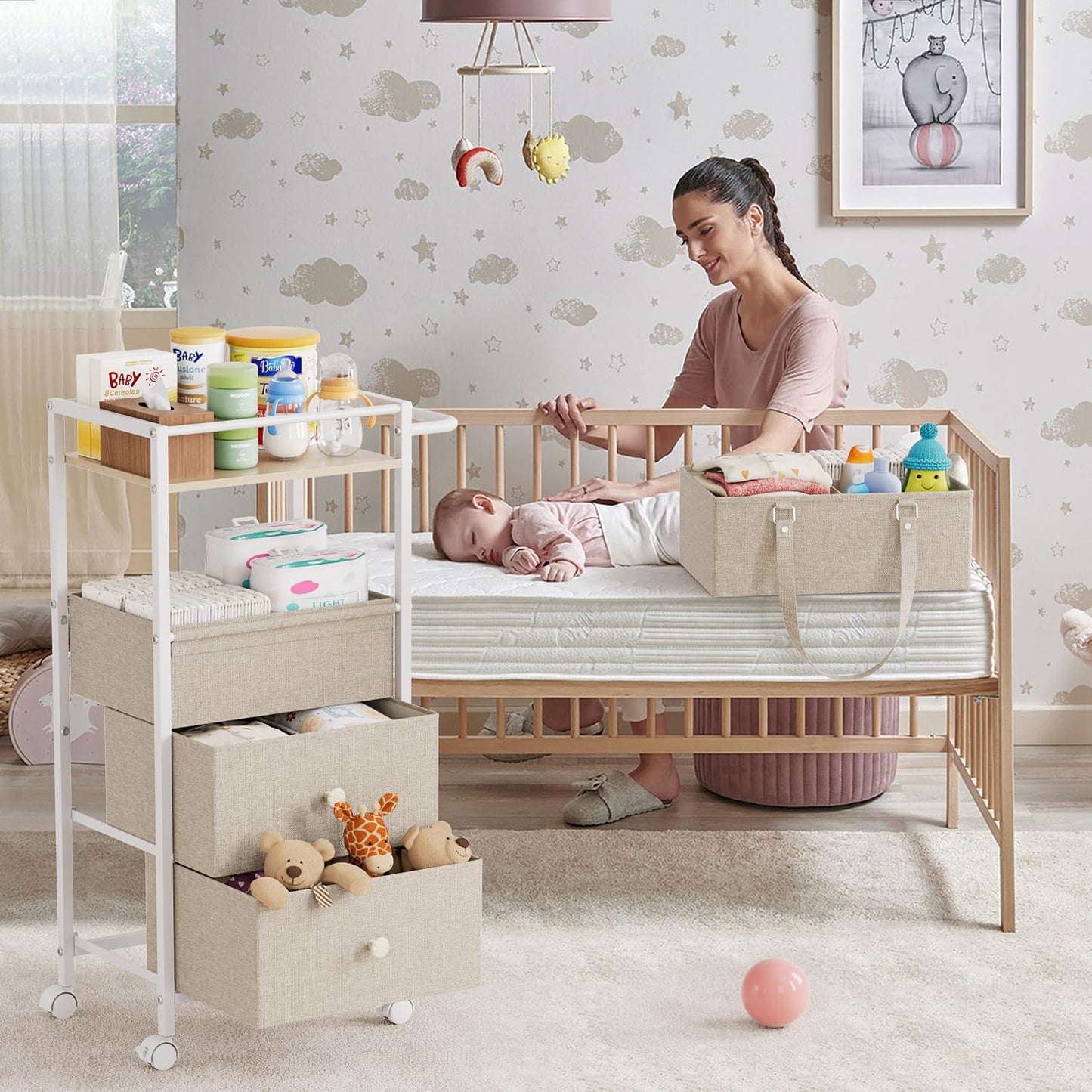 Modanais Baby Diaper Caddy Organizer Cart with Drawers - 3In1 Rolling Storage Cart with Wheels, Removable Diaper Caddy, Detachable Dividers - for Crib, Bedroom, Art & Craft Organizer (Off White)