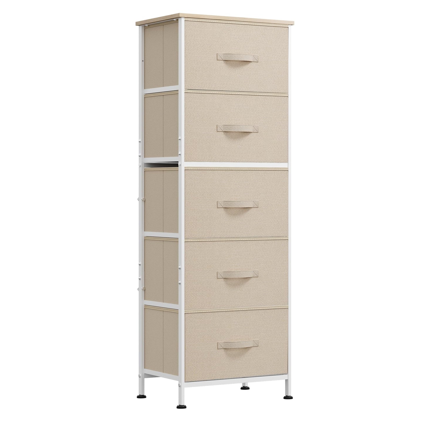 WLIVE Fabric Dresser, 5-Drawer Tall Dressers for Bedroom, Storage Dresser Organizer with Fabric Bins, Wood Top, Sturdy Steel Frame, Chest of Drawers for Closet, Hallway, Cream White