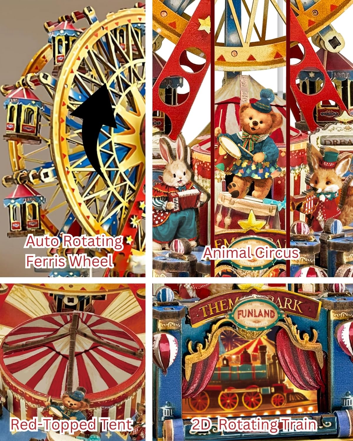 Merrifete Circus Theme Ferris Wheels Music Model Kits, DIY Miniature House Kit w/Light, Dollhouse Mini House Kit, Wood 3D Puzzles Tiny House Book Nook Christmas Halloween Birthday for Adult