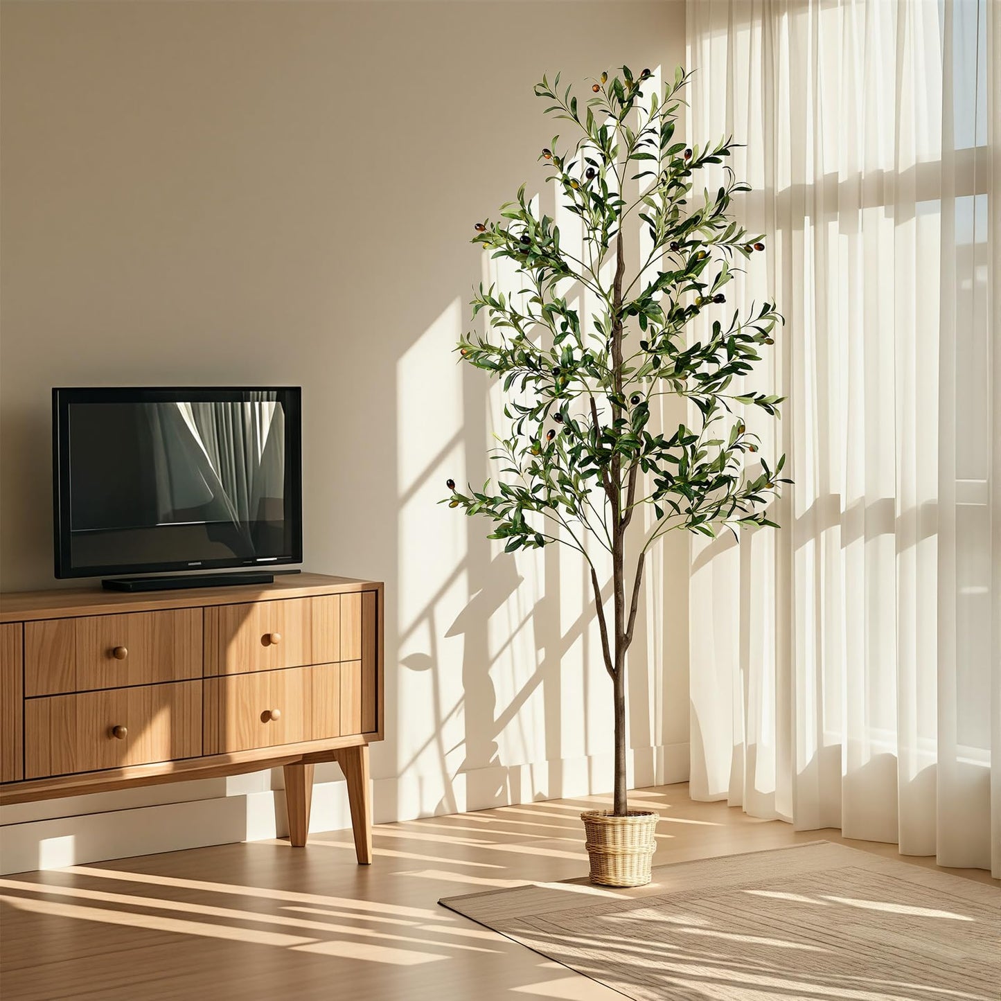 Olive Tree, 6FT Tall Faux Olive Tree with Lights Moss and Planter, Olive Trees Artificial Indoor with Realistic Wood Trunk and Lifelike Fruits, Fake Olive Tree for Home Office Living Room Decor