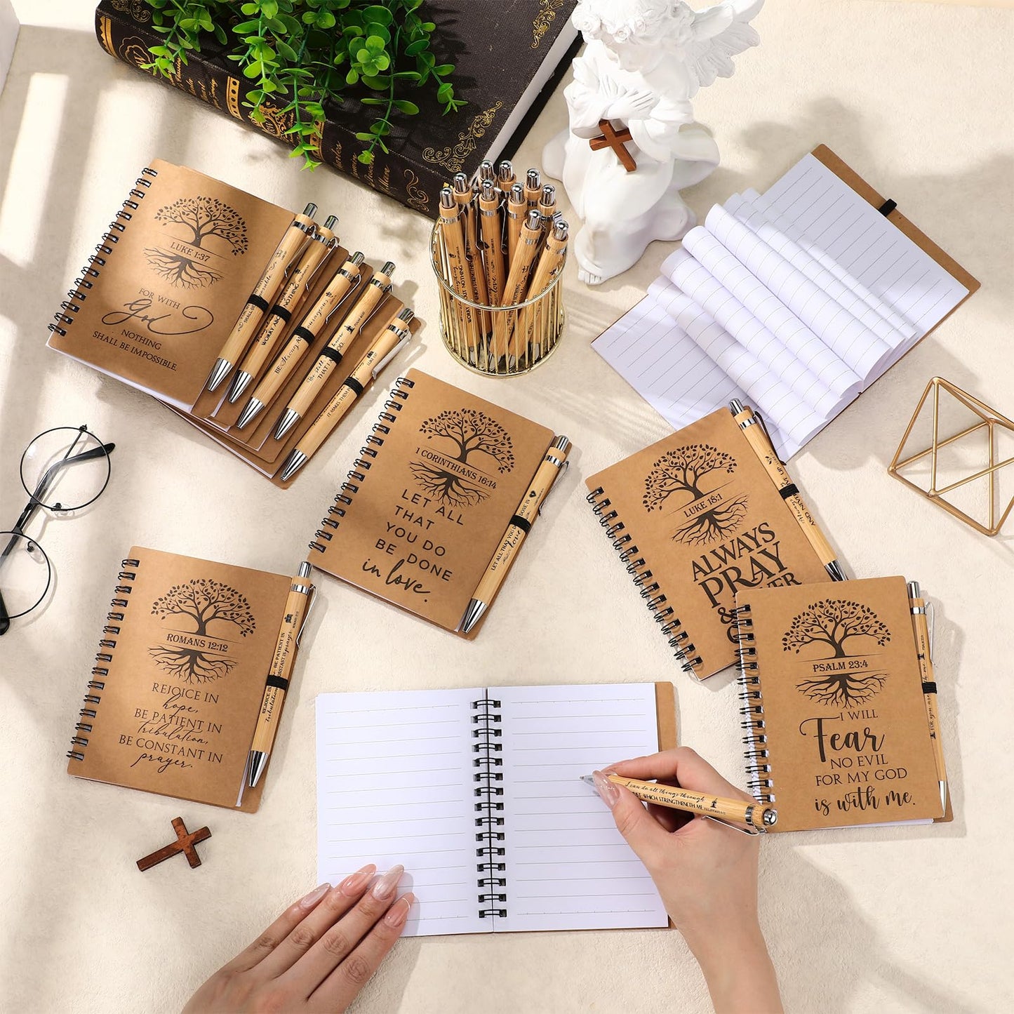 Kosiz 80 Pcs/40 Set Fathers Day Christian Gifts Bulk Religious Spiral Notebook with Bible Verse Pen Prayer Journal Inspirational Notepad for Men Women Church Birthday Bible Study (English Tree of Life)