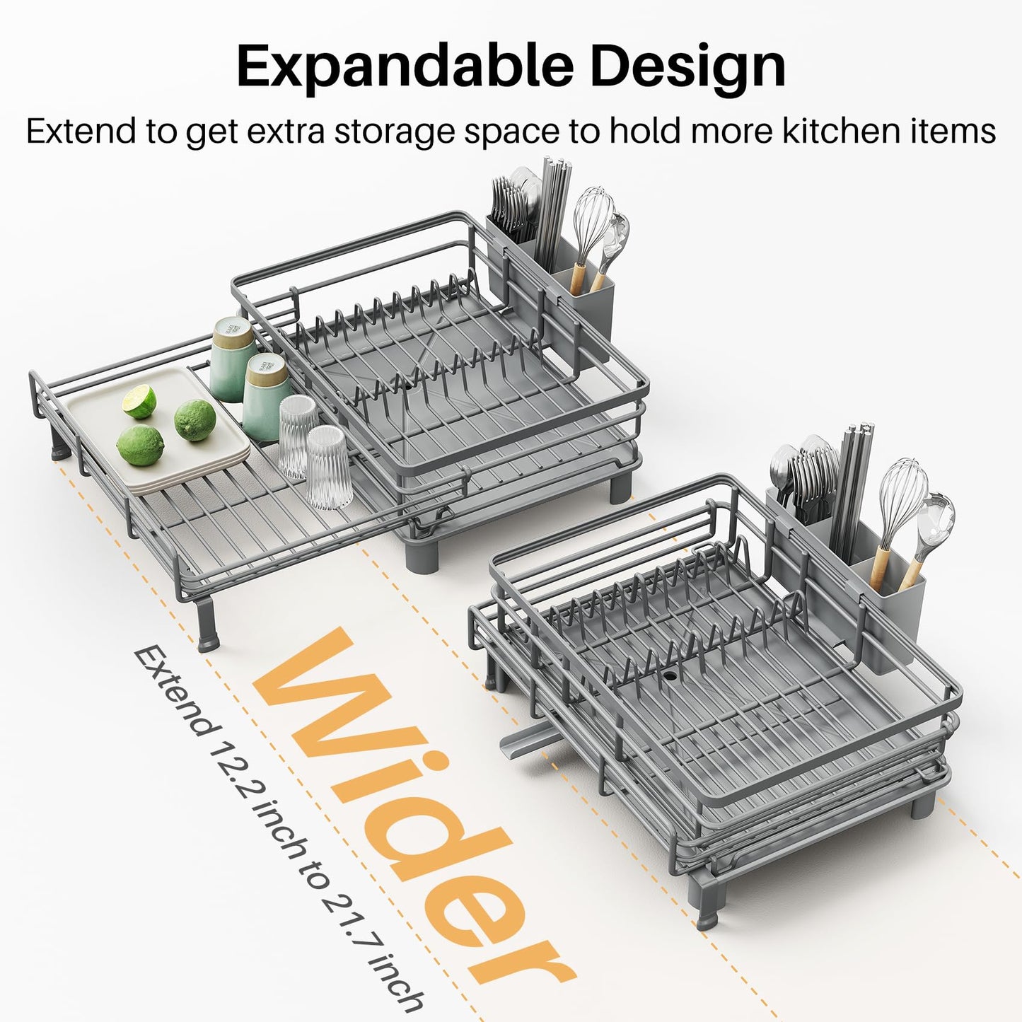 SNTD Dish Drying Rack - Extendable Dish Rack, Large Sink Drying Dish Drainer for Kitchen Counter, Stainless Steel Dish Strainer with Utensil Holder (Grey)