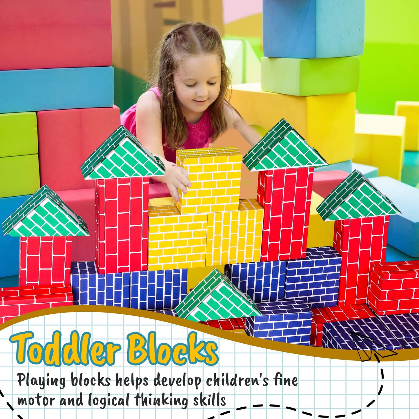 Junkin 48 Pcs Cardboard Building Blocks Extra Thick Jumbo Cardboard Blocks Pretend Blocks Rectangle Square Triangle Stacking Blocks for Kid Educational Learning Play Toys, Blue Yellow Red Green