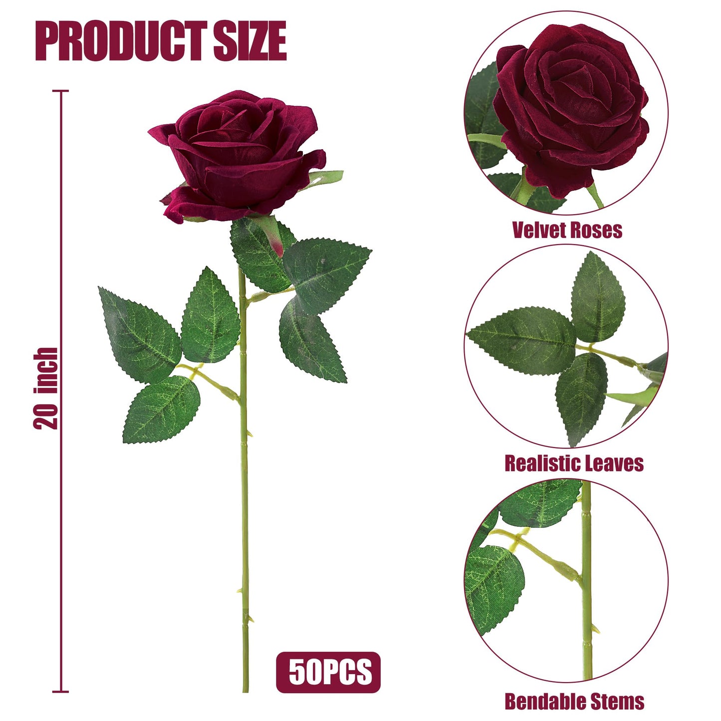 Sggvecsy 50 Pcs Artificial Roses Red Flowers Fake Velvet Silk Roses with Stems Bulk Realistic Faux Flowers for Bridal Bouquets Wedding Centerpieces Valentines Day DIY Home Decor (Burgundy)