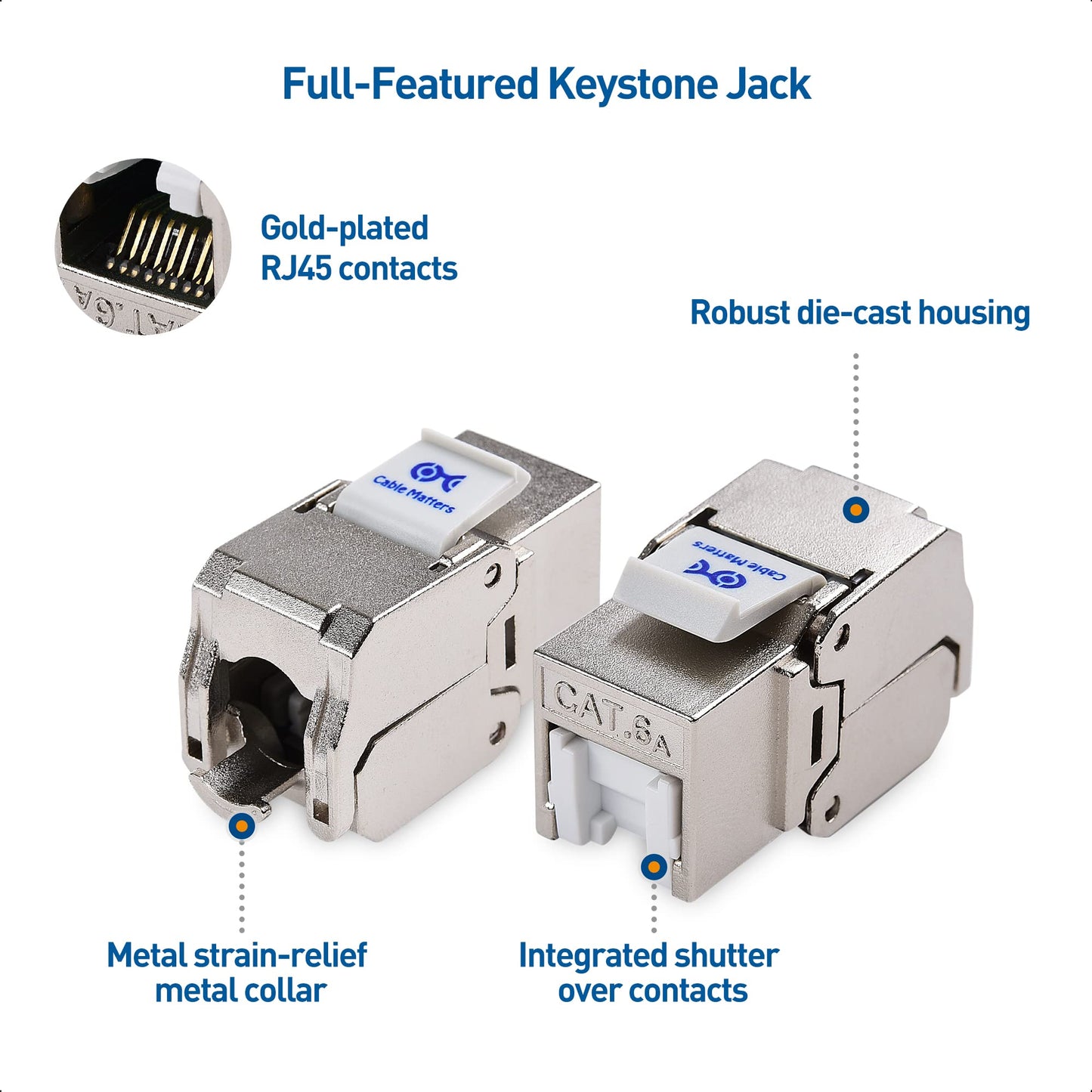 Cable Matters UL Listed 10Gbps 12-Pack RJ45 Shielded Cat6A / Cat6 Keystone Jack with Integrated Shutter