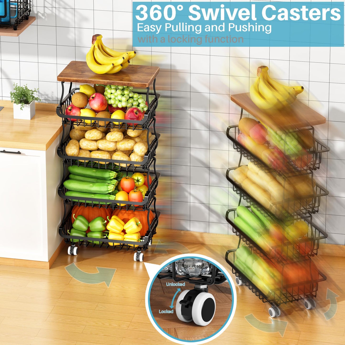 5 Tier Vegetable Fruit Basket for Kitchen, Stackable Metal Fruit and Vegetable Storage Baskets with Rolling Wheels Cart, Pantry organizers and storage for Kitchen Bathroom Livingroom Laundry room Cart