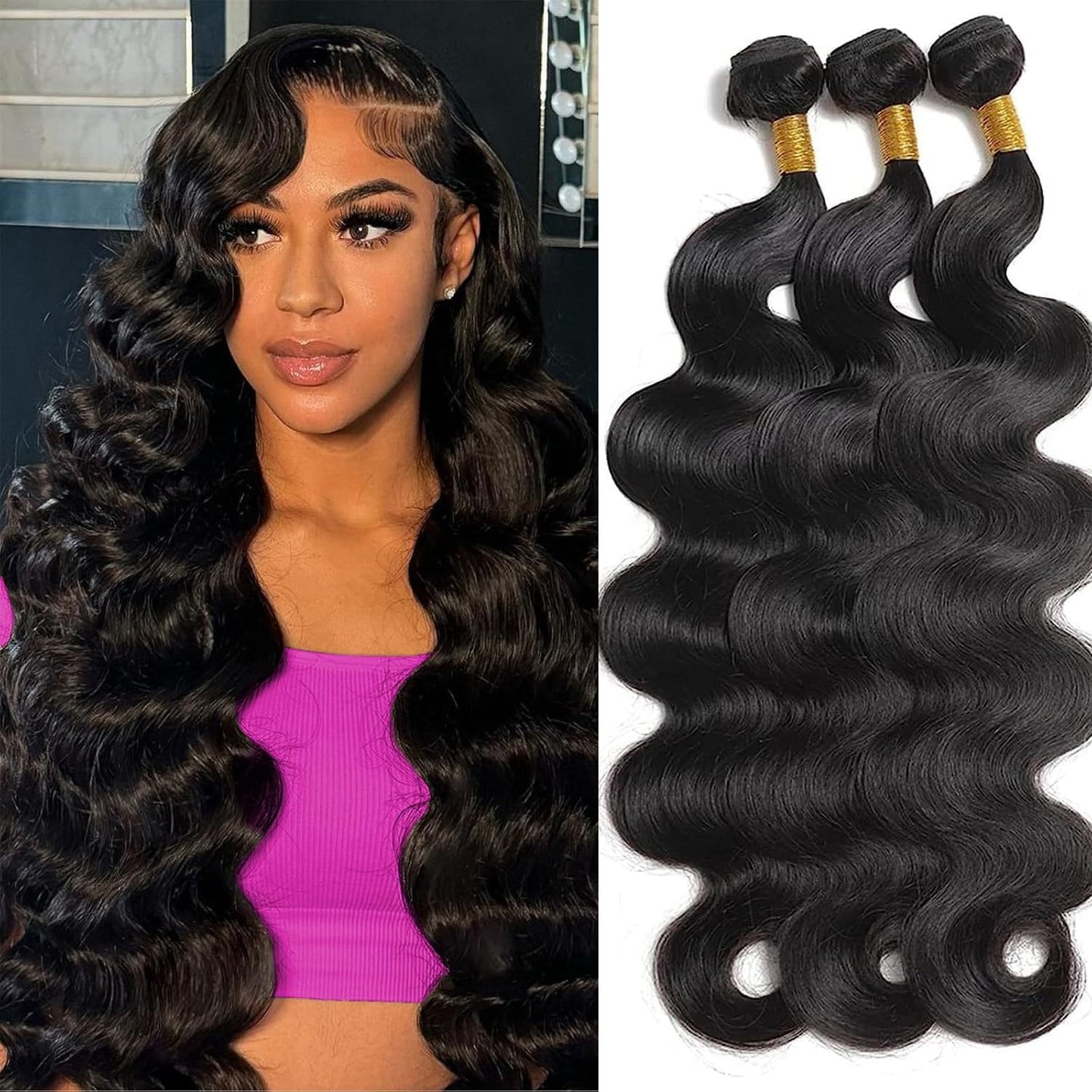 Body Wave Human Hair Bundles Brazilian Virgin Body Wave Bundles 100% Unprocessed Weave Human Hair 3 Bundles Natural Black Color Hair Extensions for Black Women