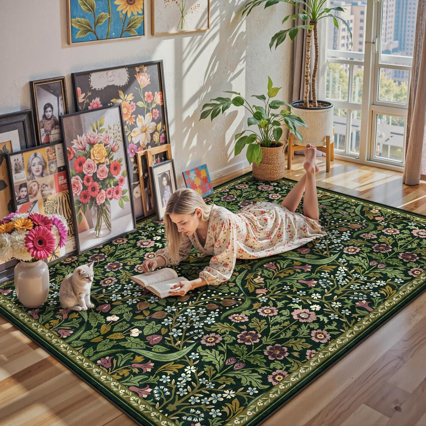 Lahome Floral 5x7 Washable Living Room Rugs, Green Area Rugs for Bedroom Rubber Backed, Botanical Thin Stain-Resistant Carpet for Dining Room, Guestroom, Kids Room, Living Room Decor