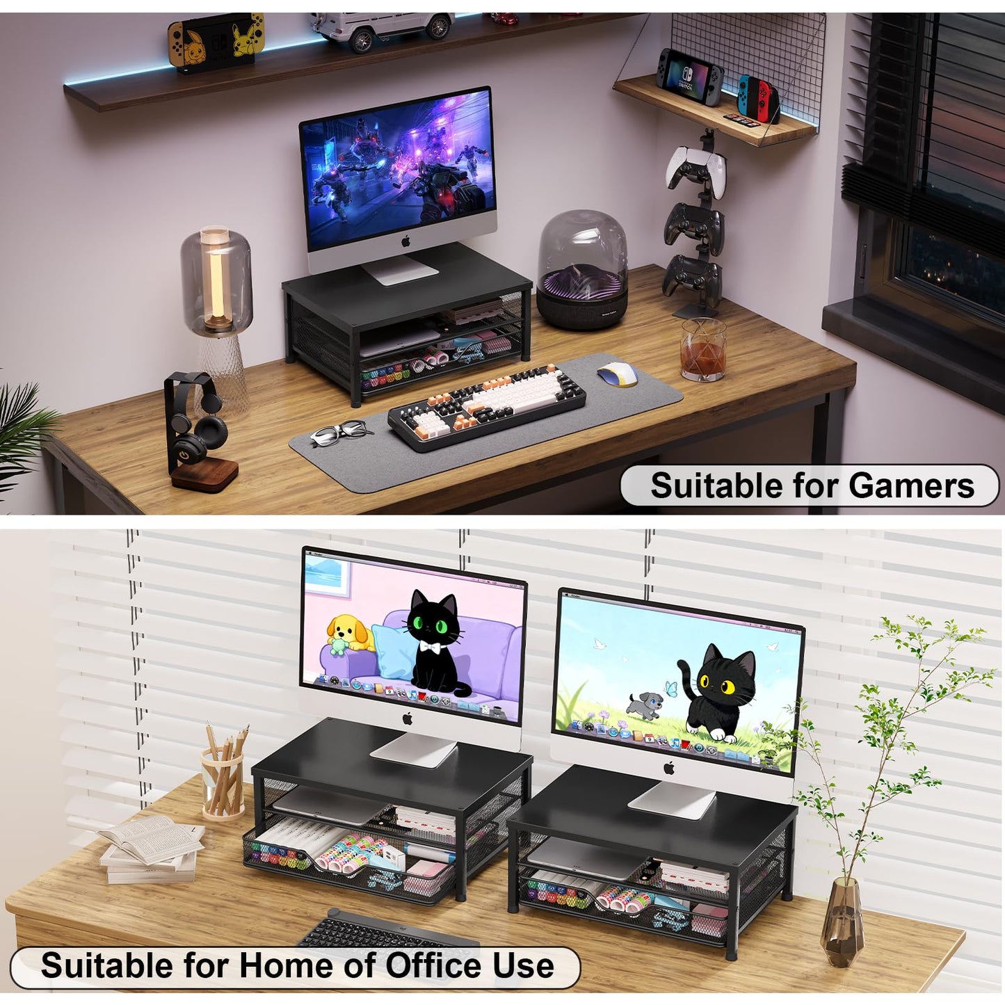 OPNICE Computer Monitor Stand Riser, Desk Organizer with Drawer, Printer & Laptop Stand, Office Desk Accessories & Workspace Desktop Organizers Storage for Office Supplies(Black 2-Pack)
