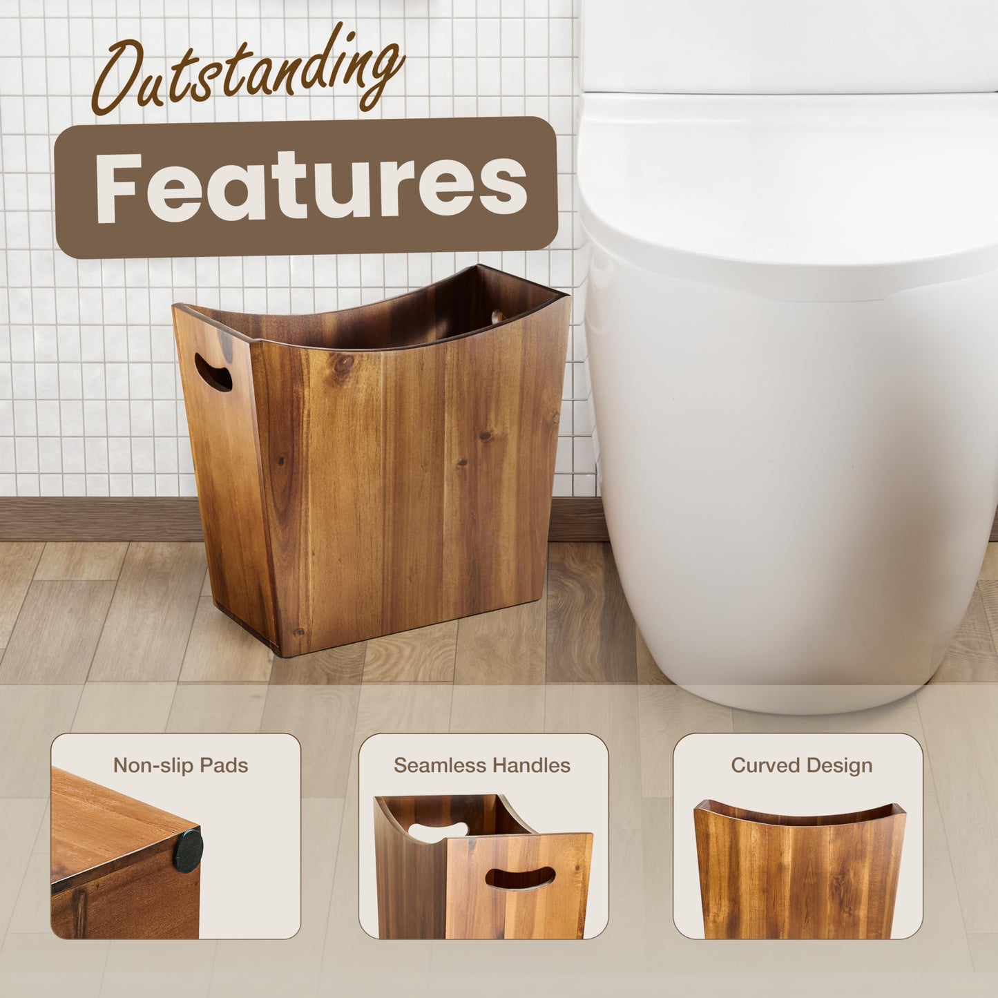 Tidita 3 Gallons Rectangular Wastebaskets - Acacia Wood Waste Basket with Handles - Small Trash Can for Bathroom - Brown Garbage Bin for Spa Decorative, Kitchen Under Counter, Living Room, Office