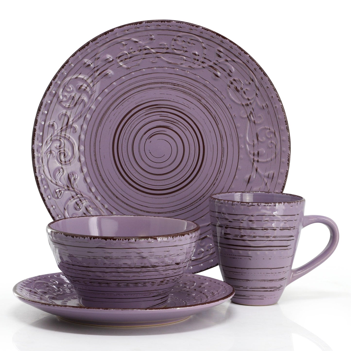 Elama Malibu Mica 16-Piece Stoneware Embossed Pattern Reactive Glaze Purple Dinnerware Set, Tableware, Serveware Set (Mica Purple)