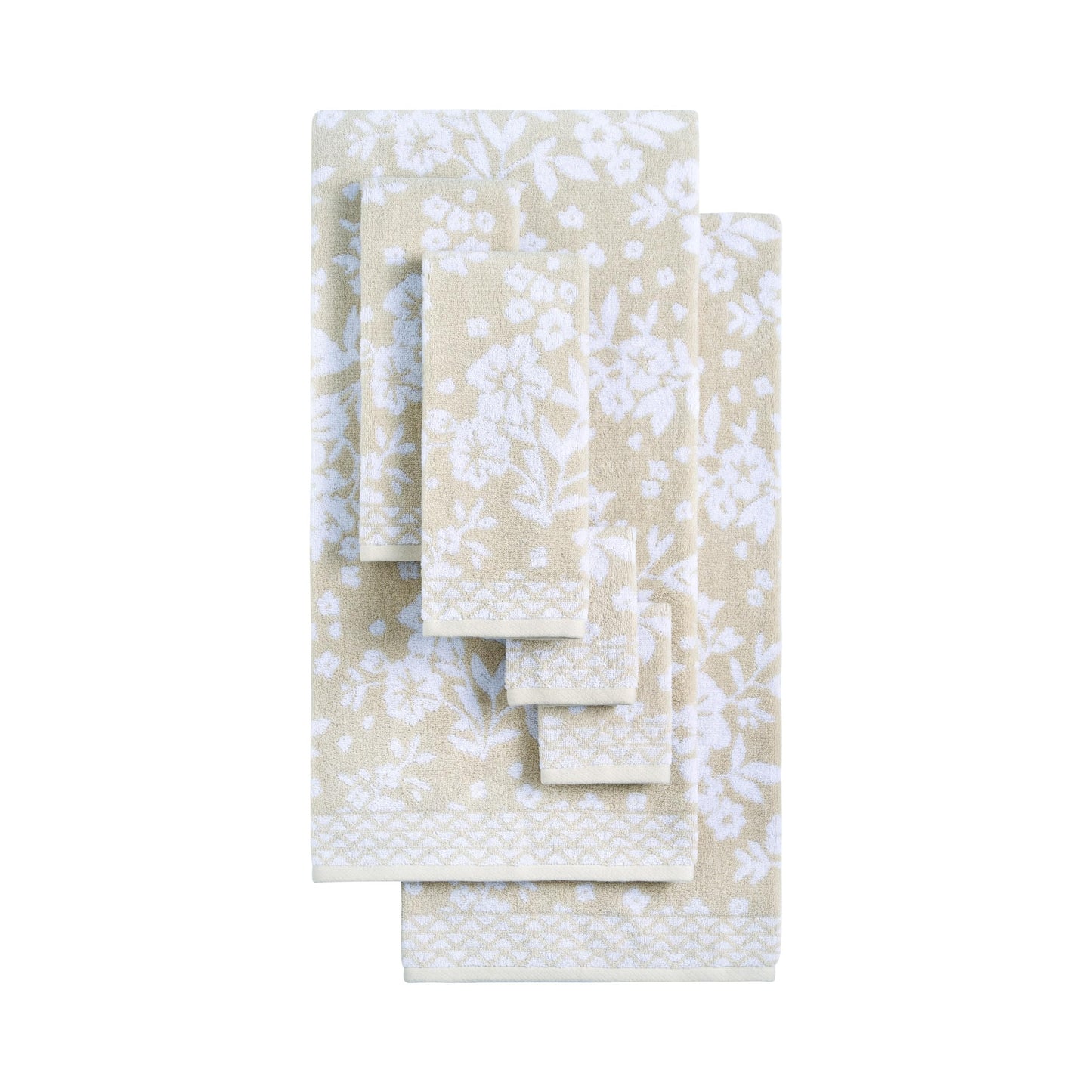 Lucky Brand Folk Floral 6 Piece Bath Towel Set - (2) Bath Towels, (2) Hand Towels, and (2) Washcloths - Beige Taupe Premium Bathroom Towel Set