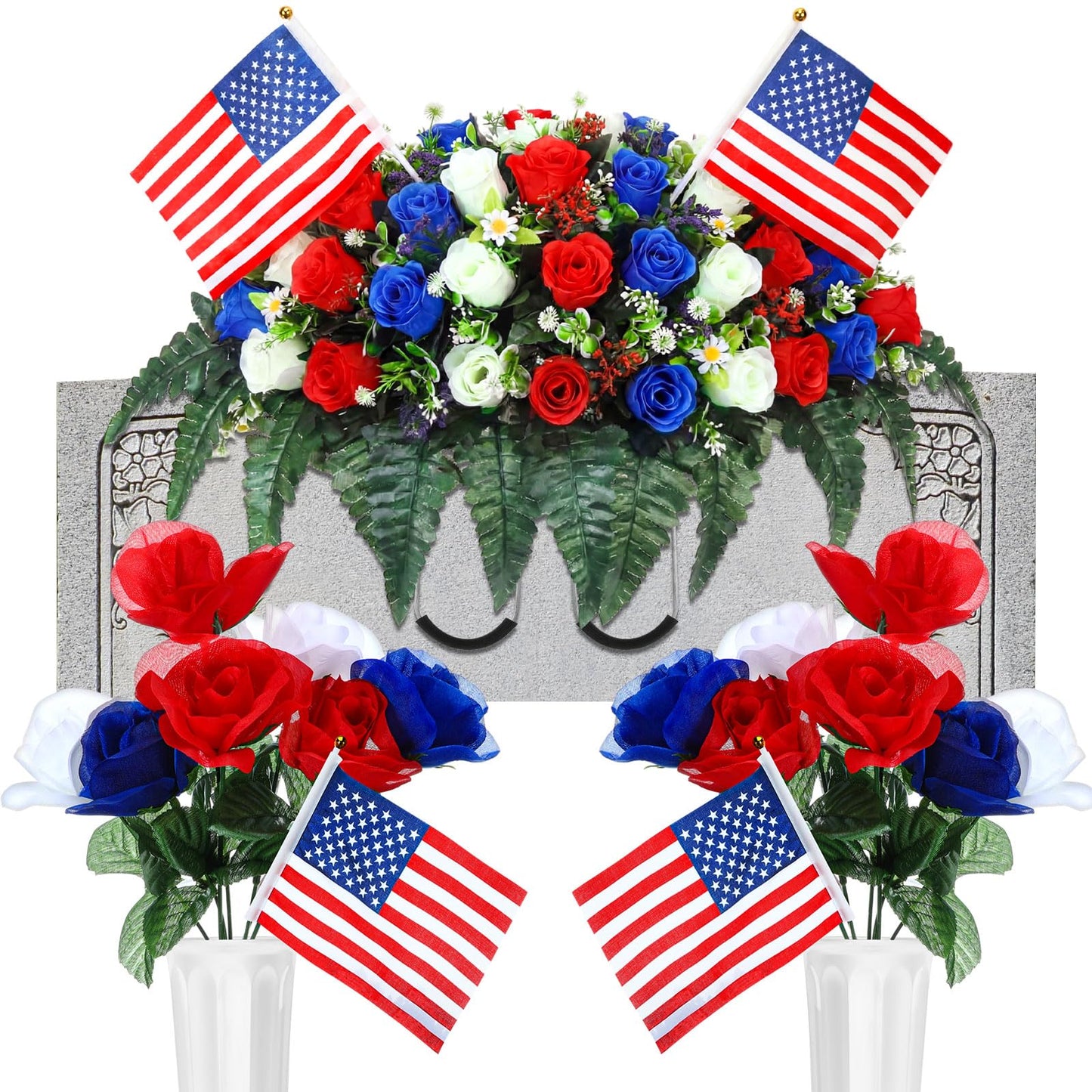 Giegxin 3 Pcs Memorial Day Headstone Flower Saddle Cemetery Flowers for Grave Artificial Memorial Floral with Vase American Flag Patriotic Red White Blue Rose Bouquets for Gravesite Tombstone Decor