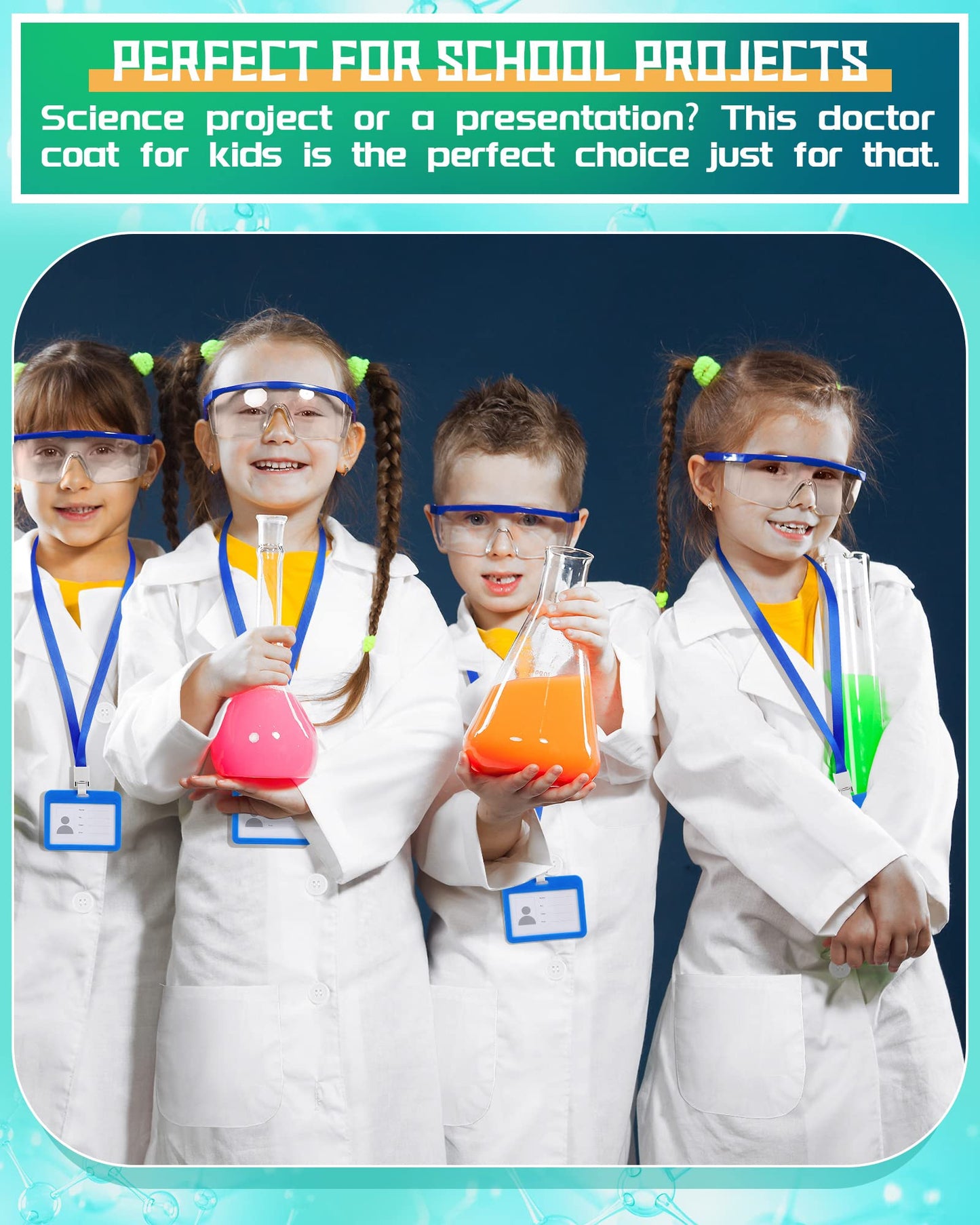 Xtinmee 12 Sets 36 Pcs Kids Lab Coat Set Halloween Doctor Costume with Goggles ID Card Kit Science Dentist Doctor Dress Up (Large)