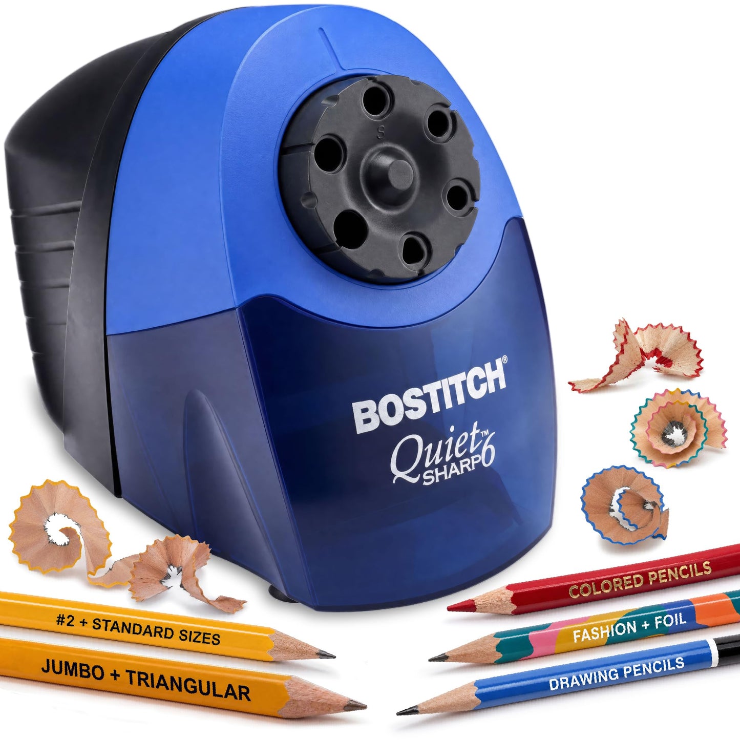 Bostitch Office QuietSharp Electric Pencil Sharpener, Heavy Duty Classroom or Office Use, Size Selector with 6 Different Sizes, Blue