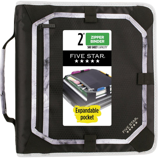 Five Star Zipper Binder, 2 Inch 3-Ring Binder with Round Rings, Expansion Panel and 5-Tab Expanding File, 580 Sheet Capacity, Black (29052IT8)