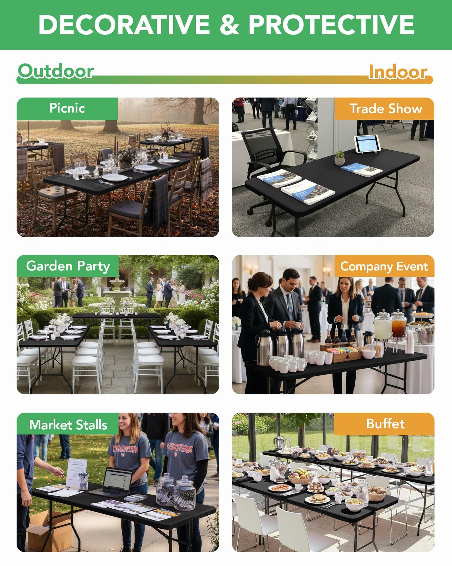 KeyWave Fitted Tablecloth Rectangle Table Cloths - 6 Pack 6 Foot Elastic Stretch Folding Table Top Cover Water-Resistant Reusable for Outdoor Picnic Camping Party Event, Black, 72" L x 30" W