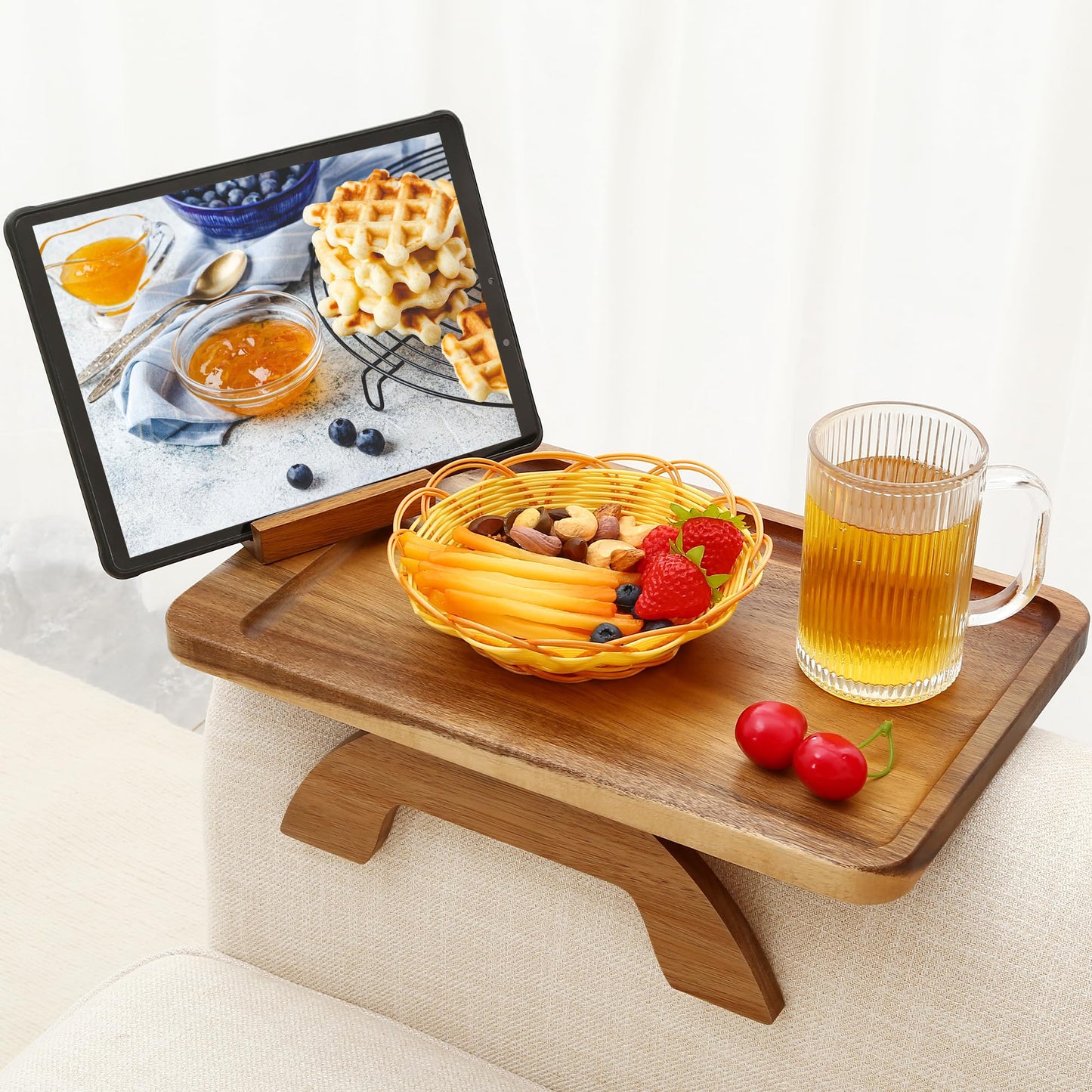 SINWANT Couch Arm Table, Acacia Wood Sofa Arm Rest Tables Couch Armrest Table with 360° Phone Holder,Portable Sofa Armrest Tray for Drink Snacks