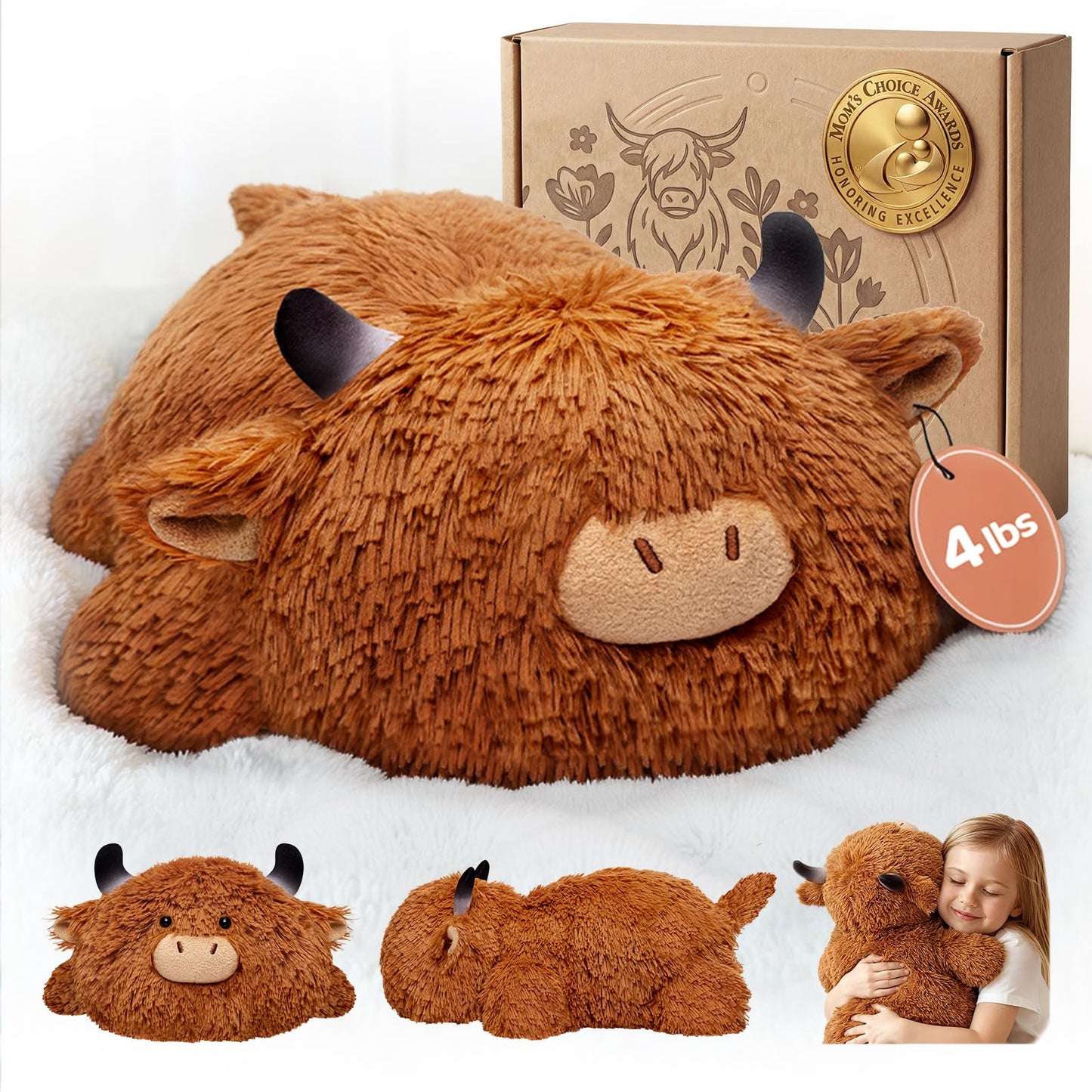 Mewaii 4 Lbs Weighted Stuffed Animals - Heavy Belly & Limbs, 23" Highland Cow Plush for a Realistic Hug, Super Soft Fluffy Plush Toy for Kids and Adults