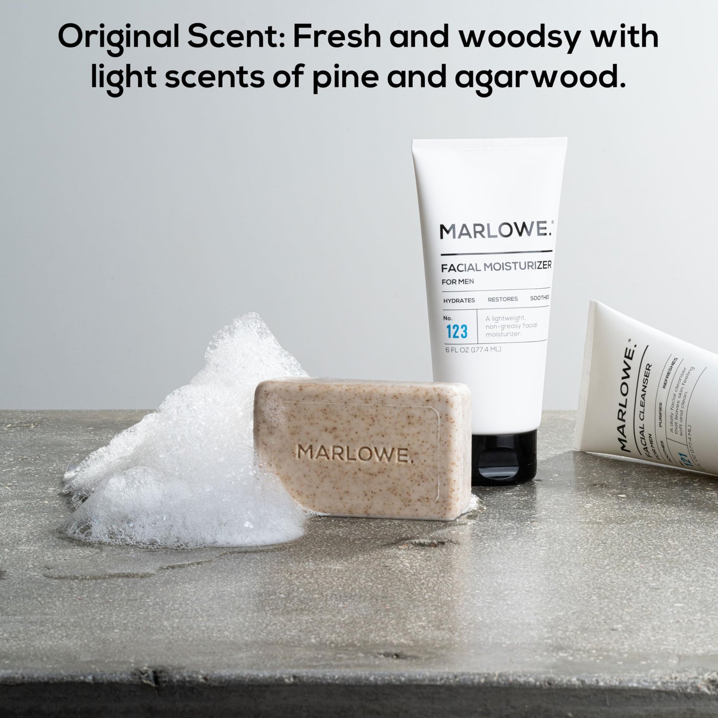 MARLOWE. No. 102 Men's Body Scrub Soap 7 oz (3 Bars) Fresh Original Woodsy Scent, Exfoliating Bar for Men with Natural Ingredients, Apricot Seed Powder, Shea Butter, Olive Oil, Green Tea Extracts