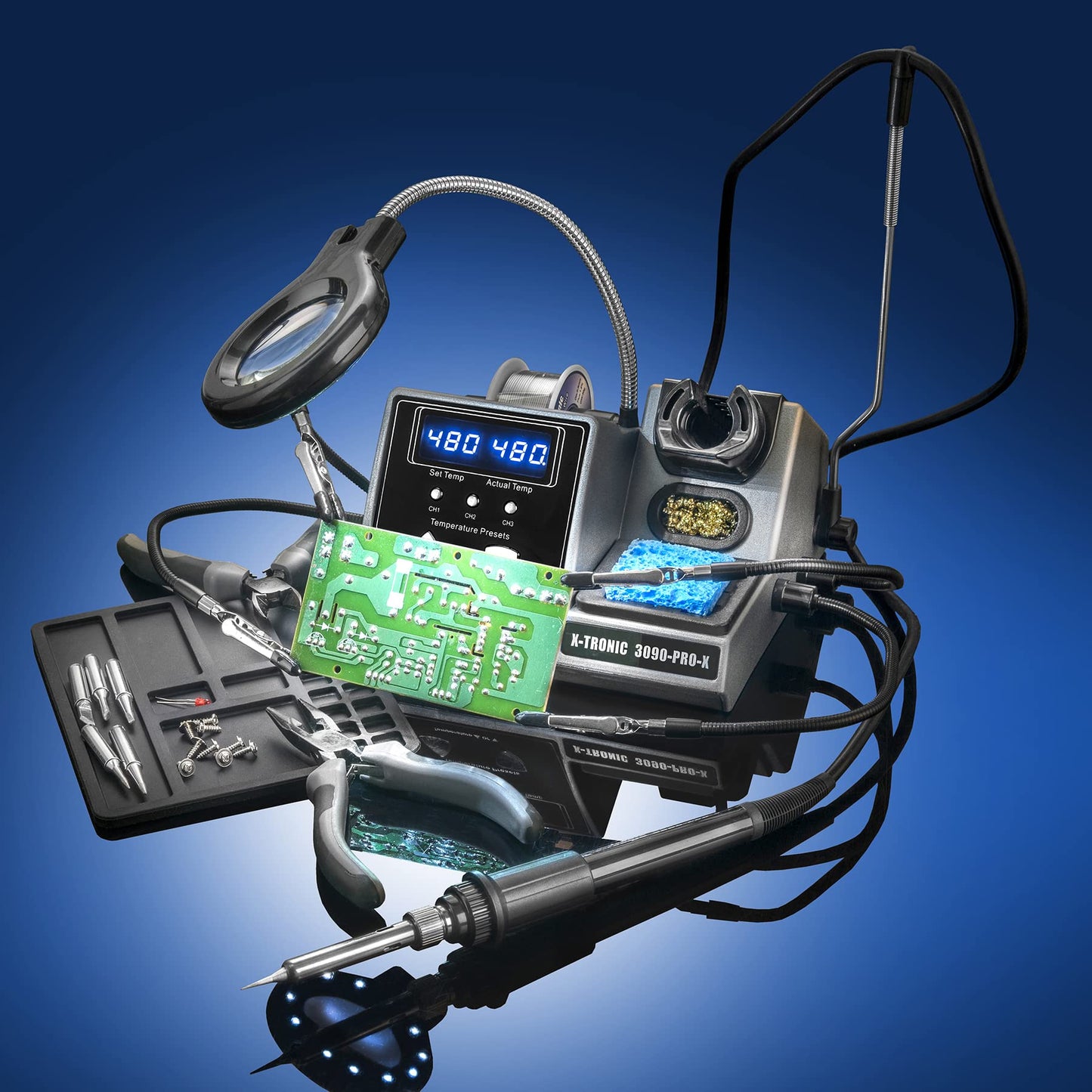 X-Tronic 3090-PRO-X – 75 W Soldering Iron Station – 5 Extra Tips, 2 LED Displays, Sleep Func, C/F, 3 Temp Presets, Mini Mag Lamp, 4 Helping Hands, Solder Sucker, Tweezers, Solder, Brass & Wet Sponges
