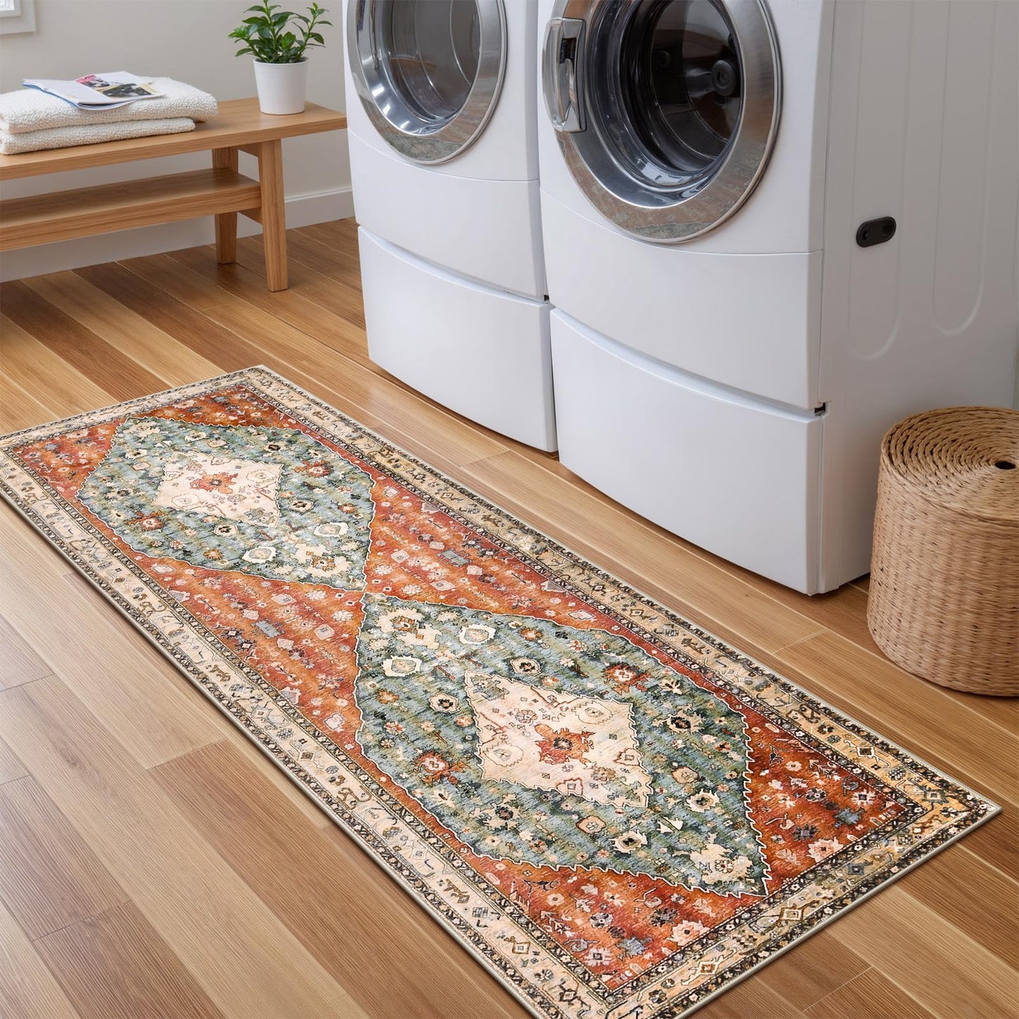 Lahome Boho Tribal 2x5 Kitchen Runner Rugs Non Skid Washable, Soft Runners for Hallways, Oriental Long Bathroom Floor Throw Carpet Runner for Entryway Laundry Room Bedroom (Rust/Dull Teal,2x5ft)