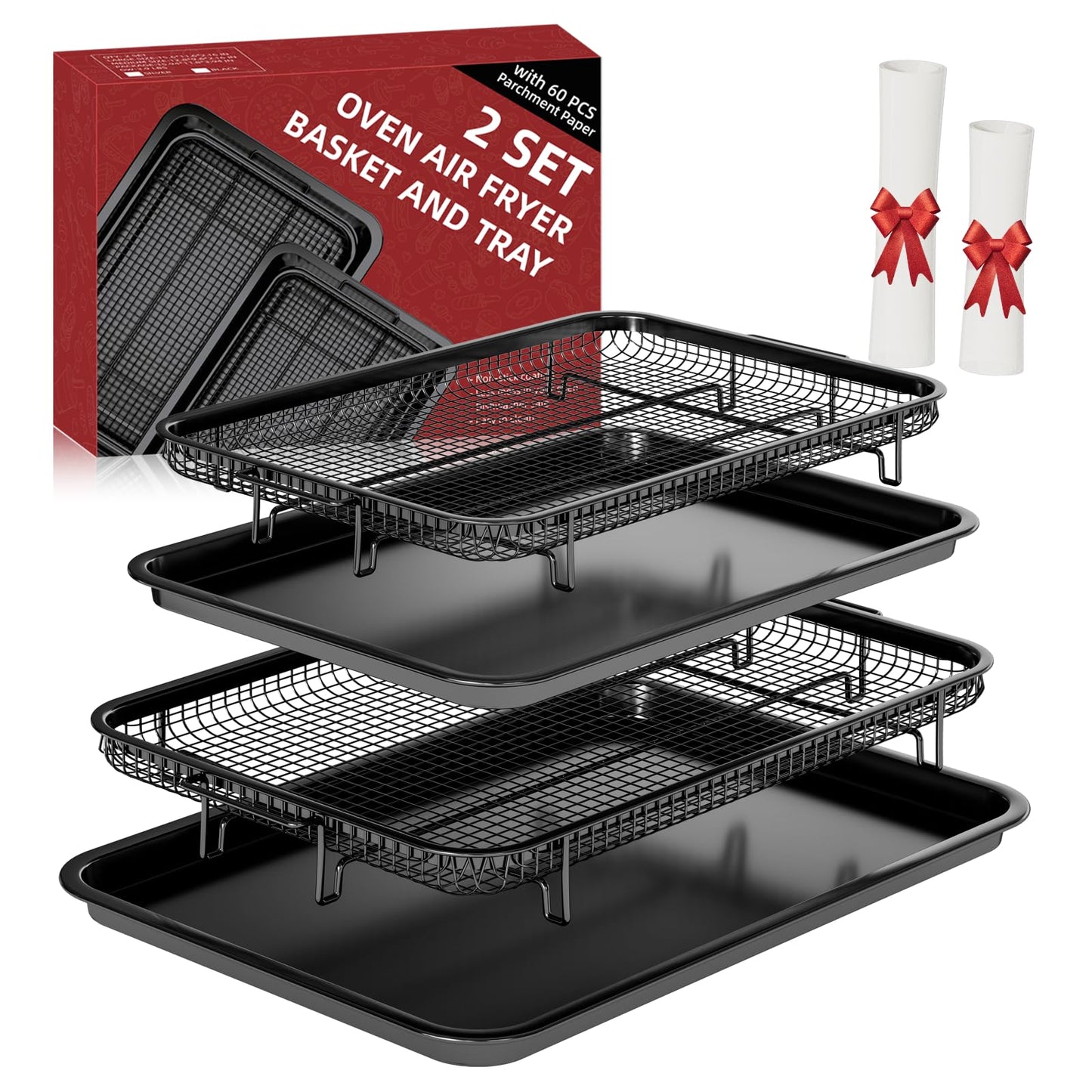 Air Fryer Basket for Oven,2 Set Air Fryer Basket and Tray Set with 60 Sheets Parchment Papers,THORSES Food-Grade Stainless Steel Air Fryer Pan and Crisper Tray-Black Large15"×11"&Medium13.4"×9.6"