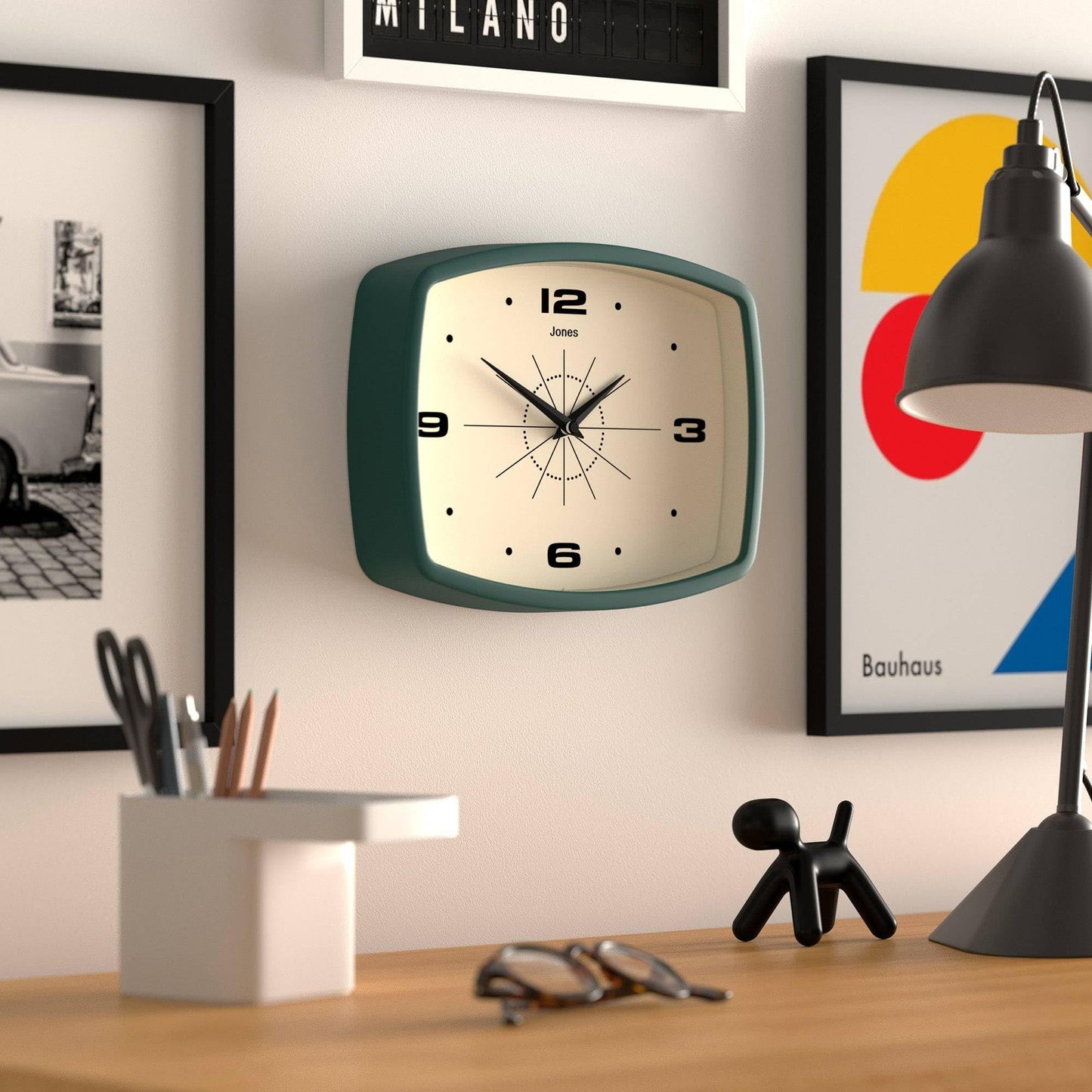JONES CLOCKS® Movie wall Clock | Retro Rectangular Clock | 10 inch | Dark Green | Cool mid-Century Designer Look for Kitchen, Living Room or Office