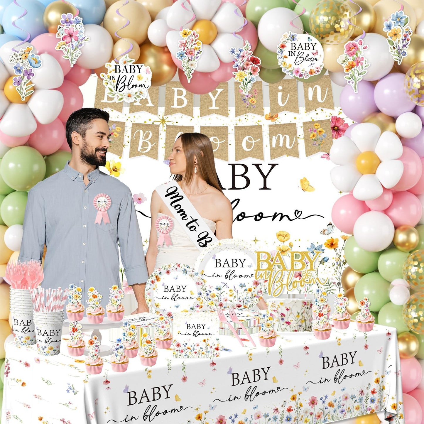275Pcs Baby in Bloom Baby Shower Decorations for Girl Wildflower Baby in Bloom Disposable Paper Plates,Balloons Arch,Cake Topper,Backdrop,Cup,Tablecloth for Floral Baby Shower Party Decor Supplies