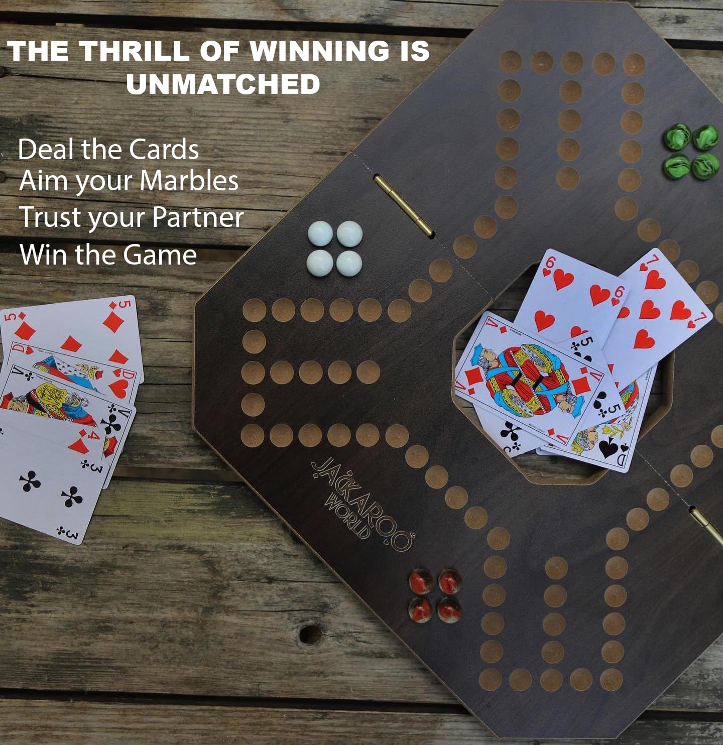 Jackaroo Board Game - 2-4 Player Cards and Marbles Board Game - Marble Chase Game - Carbles Game with Cards - Jokers and Marbles Game - Wahoo Wooden Board Foldable and Open in The Middle (Walnut)