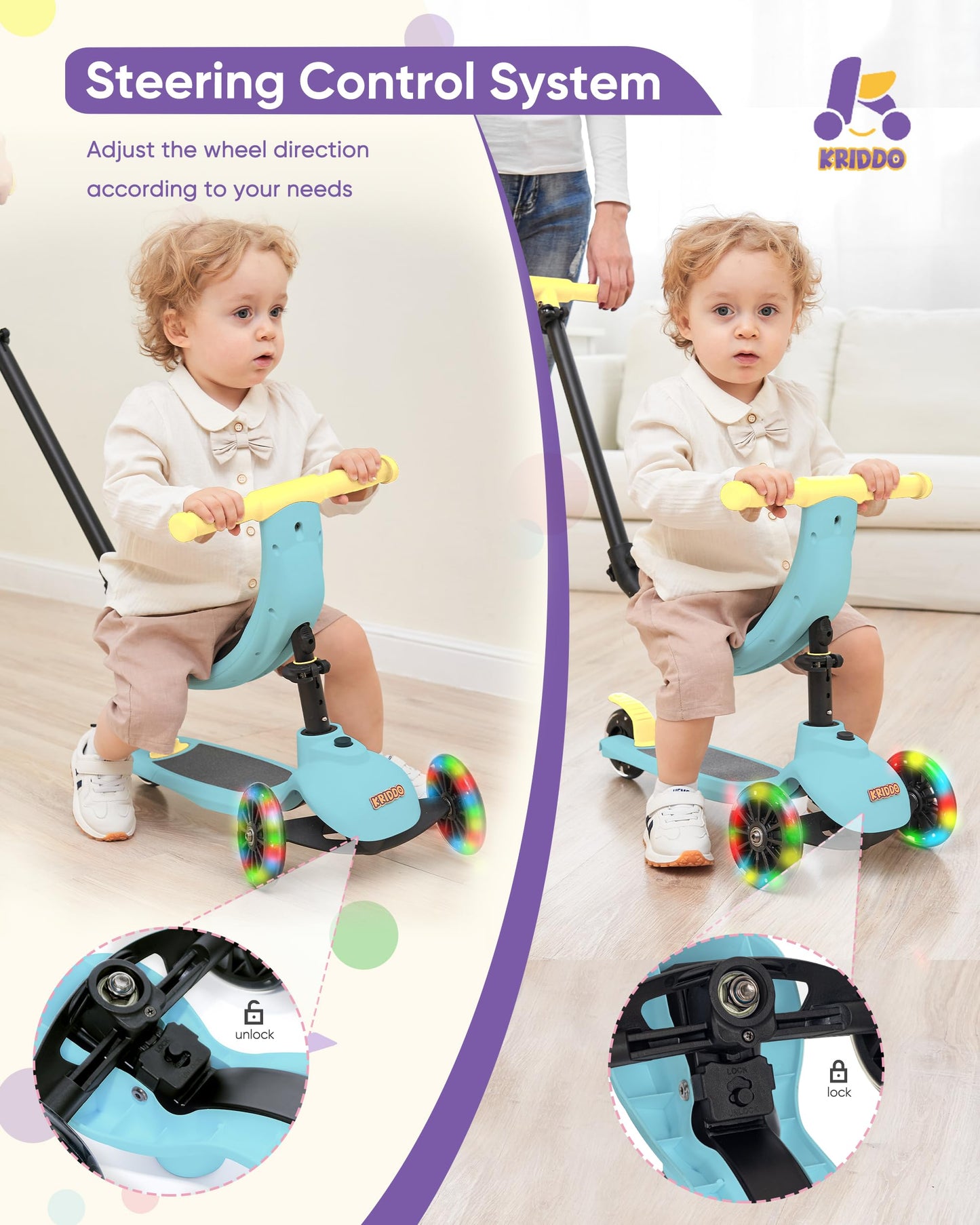 KRIDDO 5-in-1 Kids Kick Scooter, Lean-to-Steer, Toddler Toy Scooter with Adjustable Height, 3 Lighted Wheels, Ideal for Indoor & Outdoor, Gift for Kids Ages 1-5 Years, Blue