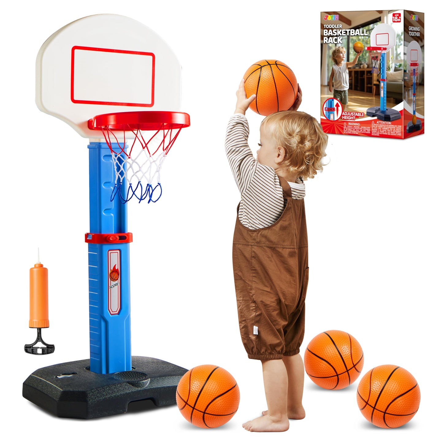 JOYIN Toddler Basketball Hoop Indoor, Adjustable Basketball Goal for Kids with 4 Balls, Game Toys for Playroom Pool Outdoor, Birthday Gift for Baby Boys Girls Age 1 and Up - Air Pump Included