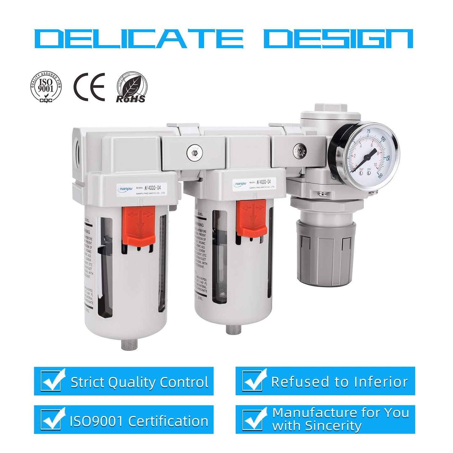 NANPU DFR-04 1/2" NPT Air Drying System - Double Air Filters, Air Pressure Regulator Combo - Semi-Auto Drain, Poly Bowl