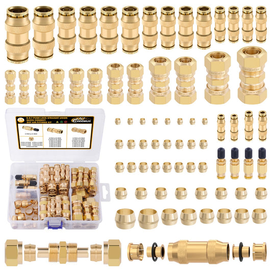CheeMuii 74 PCS Brass DOT Air Line Fittings Kit DOT Push Lock and Compression Air Fittings Pure Brass Quick Connect Straight Union 1/8" 5/32" 1/4" 3/8" 1/2" 5/8" 3/4" Air Hose Fittings Assortment