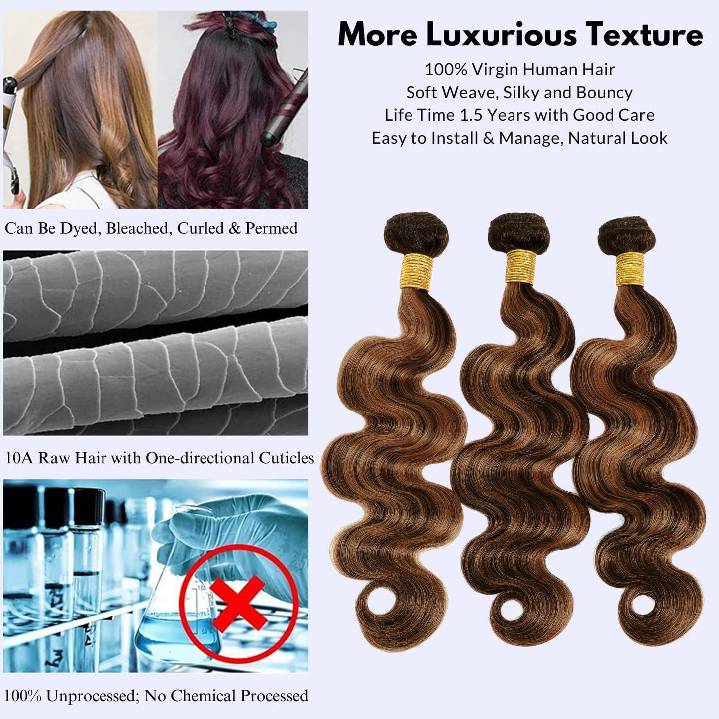 MOMOSHERO 1b/30 Brown Highlight Body Wave Human Hair Weave 3 Bundles, 10A Soft Thick 100% Brazilian Virgin Remy Hair Balayage Ombre Wavy Bundles Human Hair Black and Brown FB30 Ombre Color 12 14 16 In