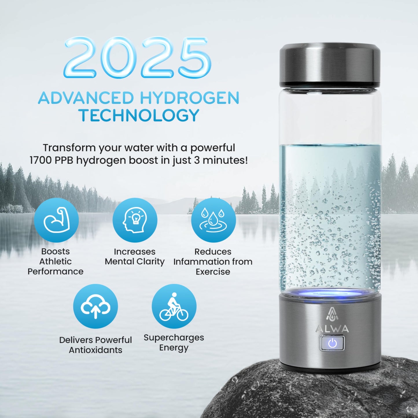 2025 Upgraded Hydrogen Water Bottle w/SPE/PEM Technology, 1700 PPB Fast Portable Hydrogen Generator, 3-Min Quick Electrolysis, Rechargeable Hydrogen Rich Glass for Home Office Travel & Fitness