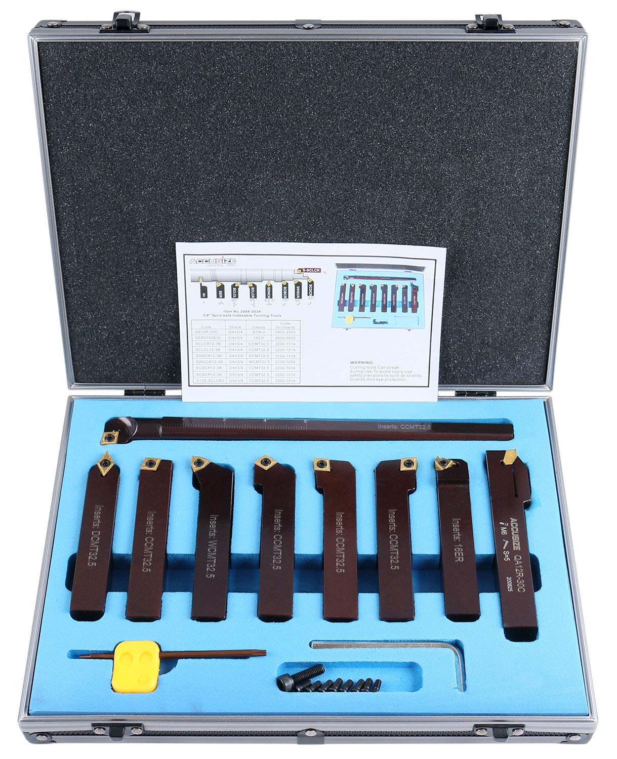 Accusize Industrial Tools 3/4" 9 Pieces/Set, Indexable Carbide Turning Tools and Boring Bar, 2988-0034