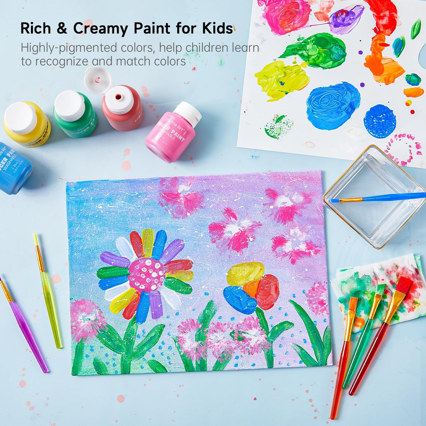 Shuttle Art Washable Finger Paint Set, 46 Pack Kids Paint Set with 14 Colors(60ml) Finger Paints, Brushes, Finger Paint Pad, Sponge, Palette, Smock, NonToxic for Toddlers Home Activity Early Education