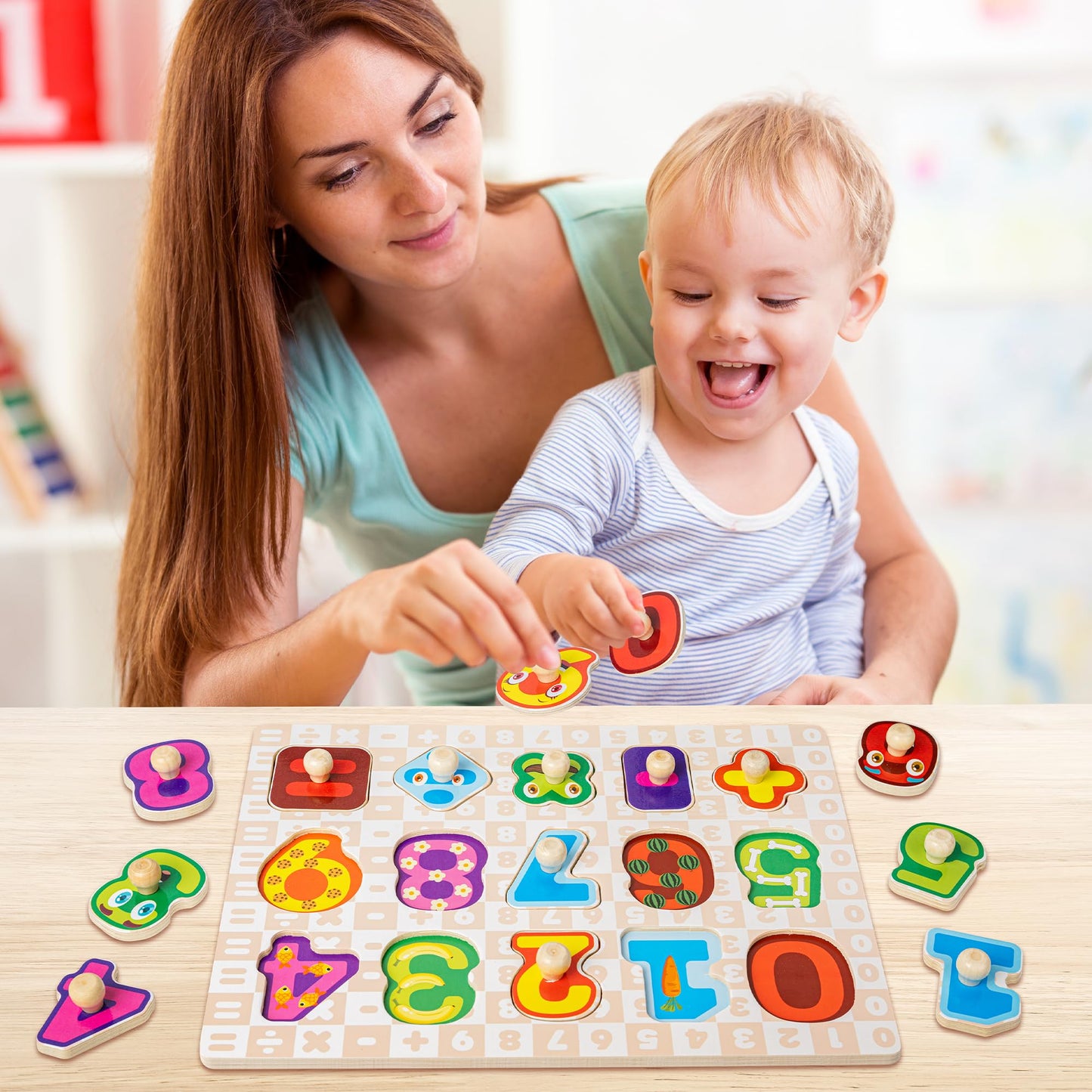 SYNARRY Wooden Puzzles for Toddlers 1-3, 6XSET Puzzles for Toddlers 2-4 with Rack, Learning Alphabet Number Animal Dinosaur Vehicle Gifts for Kids, Education Toys for 2 3 Years Boys Girls