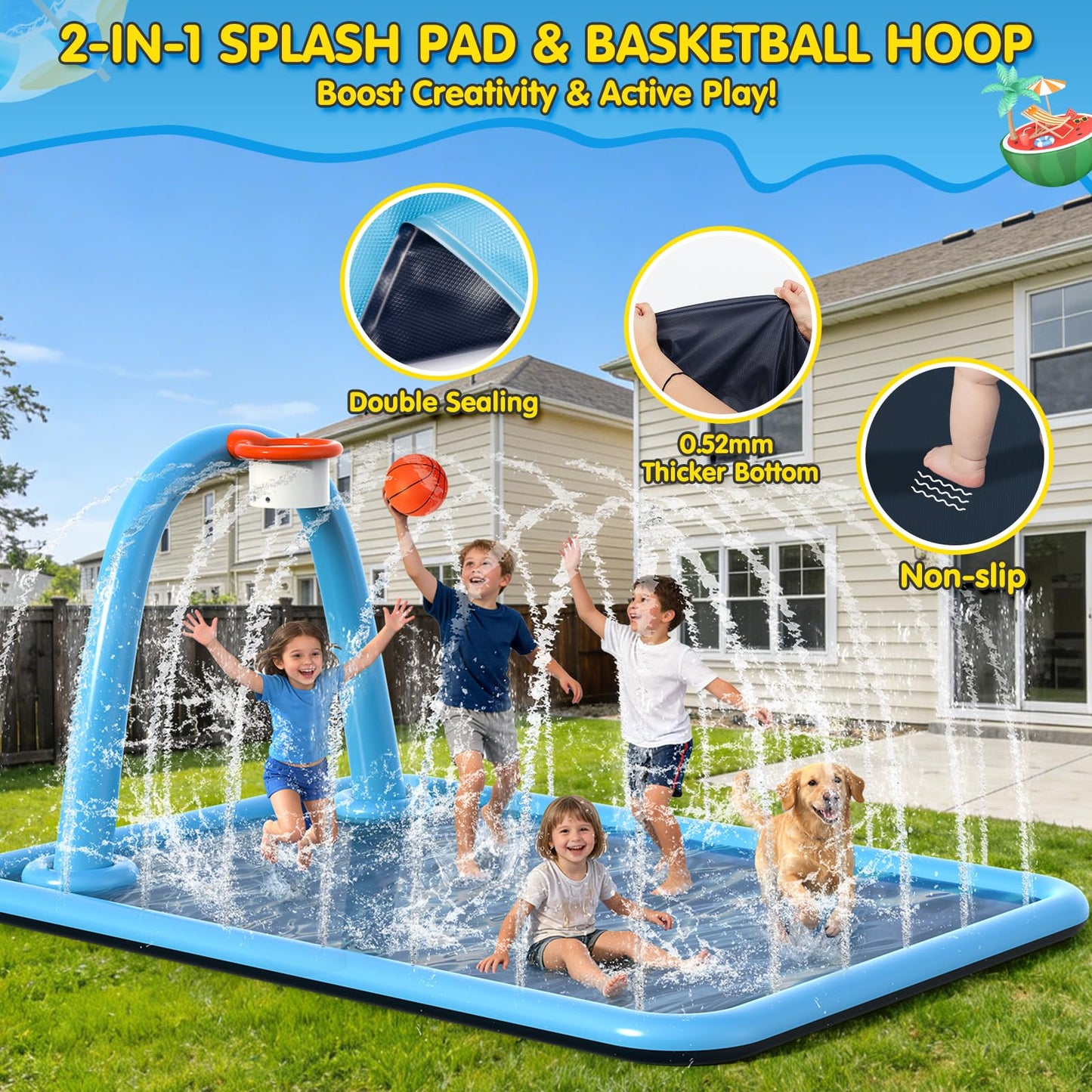 Instraella Splash Pad for Kids, 110 x 91'' Large 2-in-1 Sprinkler Mat with Basketball Hoop, Inflatable Splash Pad for Backyard Outdoor Water Play, Summer Water Toys for Boys and Girls