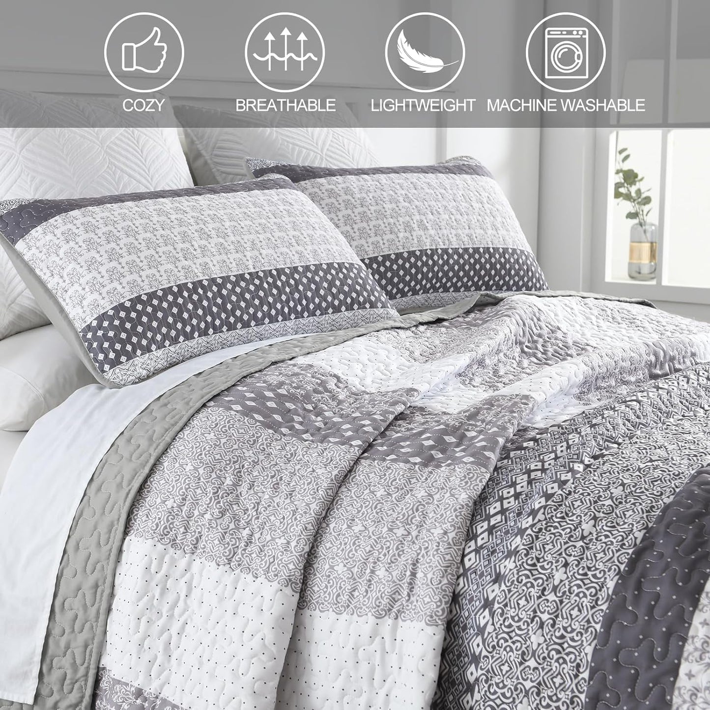 WONGS BEDDING Grey Quilt King Size, Bohemian Stripe Quilt Sets 3 Pieces Boho Quilted Bedspread Set Lightweight Microfiber Coverlet Bedding Set All Season (104"x90")