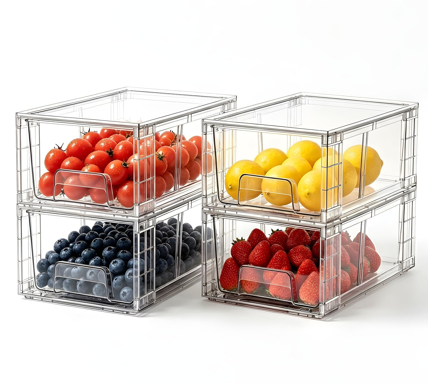4 Pack Stackable Storage Drawers with Handles, Easy Assembly Clear Acrylic Fridge Organizer, Refrigerator Organizers and Storage for Kitchen, Under Sink, Pantry, Bathroom