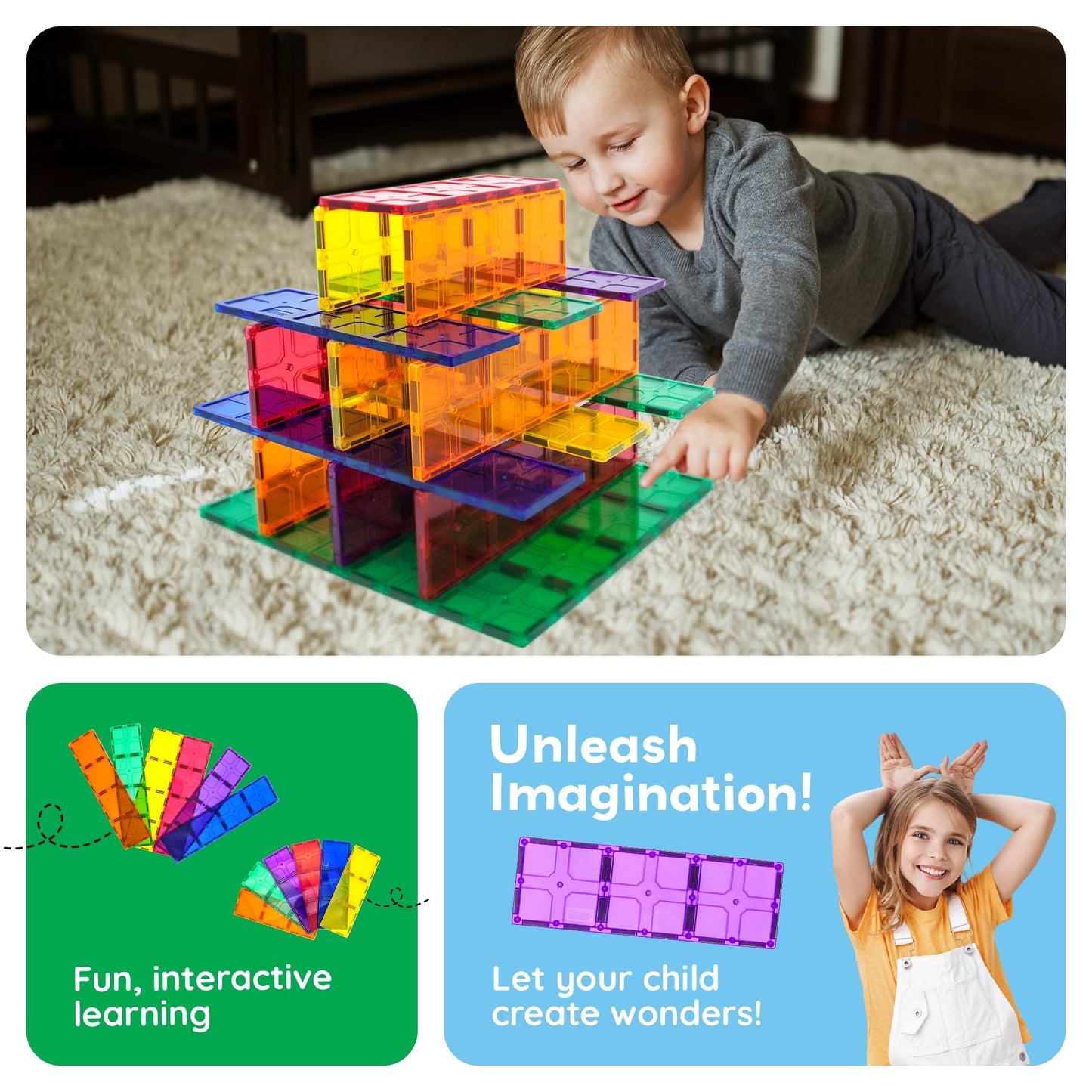 PicassoTiles 60pc Magnetic Building Block Magnet Tile Toy Shop Theme Pretend Play Construction Kit Reconfigurable Printed Structure Double-Sided Printing Education STEM Learning Playset Ages 3+ PTQ50