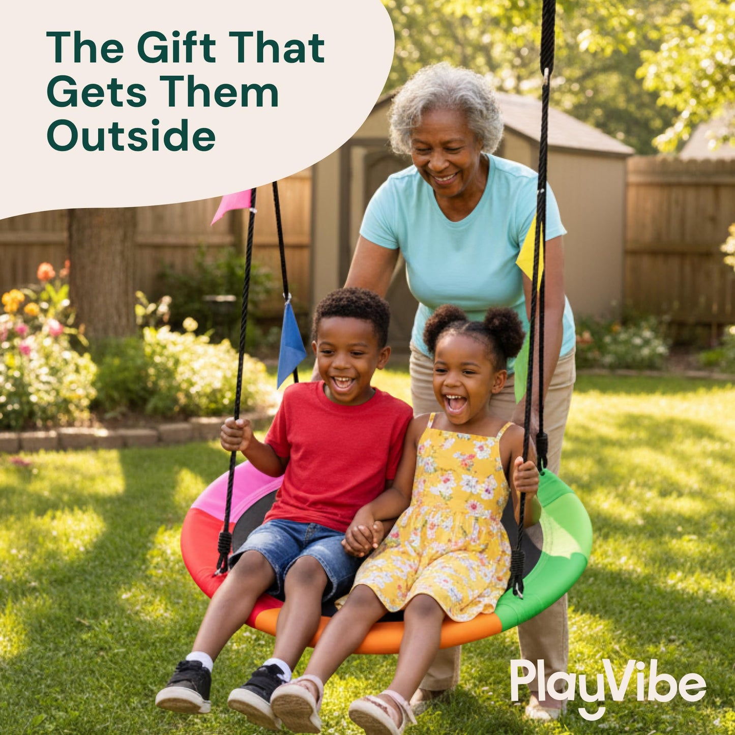 PLAYVIBE 40" Saucer Swing for Kids Outdoor - Tree Swing Set Summer Fun, 440 lb Capacity - Multicolor 600D Oxford Fabric & Adjustable Ropes, Straps & Carabiners