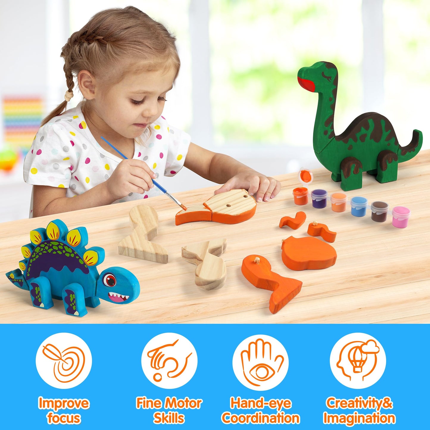Mocoosy Wooden Dinosaur Painting Art and Craft Kit for Kids 3-5, Build & Decorate Your Own Dinos with Paint & Stickers, Wood Dinosaur Builder Game Montessoi Fine Motor Toy Gift Toddler Boys Girls 4-8