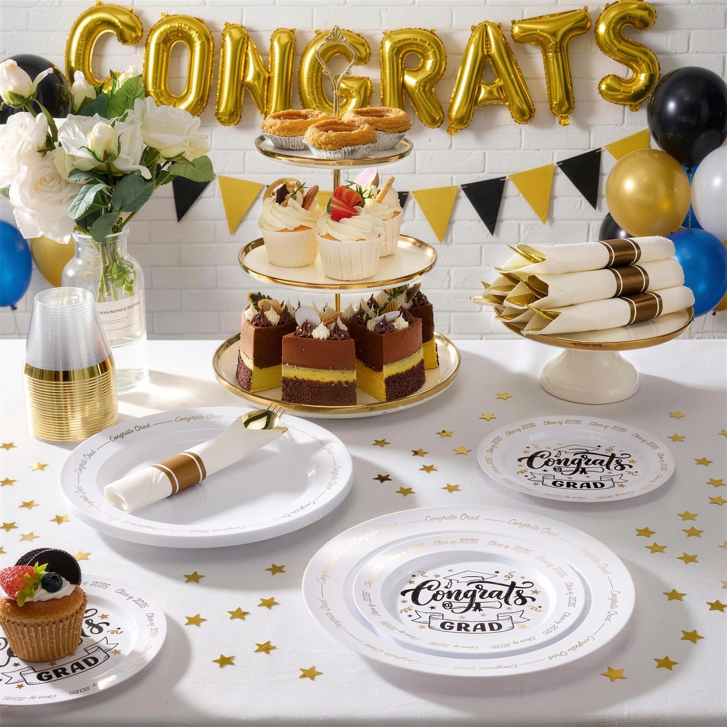 Goodluck 350 Piece Graduation Gold Plastic Dinnerware Set for 50 Guests, Congrats Grad Disposable Plates Include: 50 Dinner Plates, 50 Dessert Plates, 50 Cups, 50 Pre Rolled Napkins with Silverware